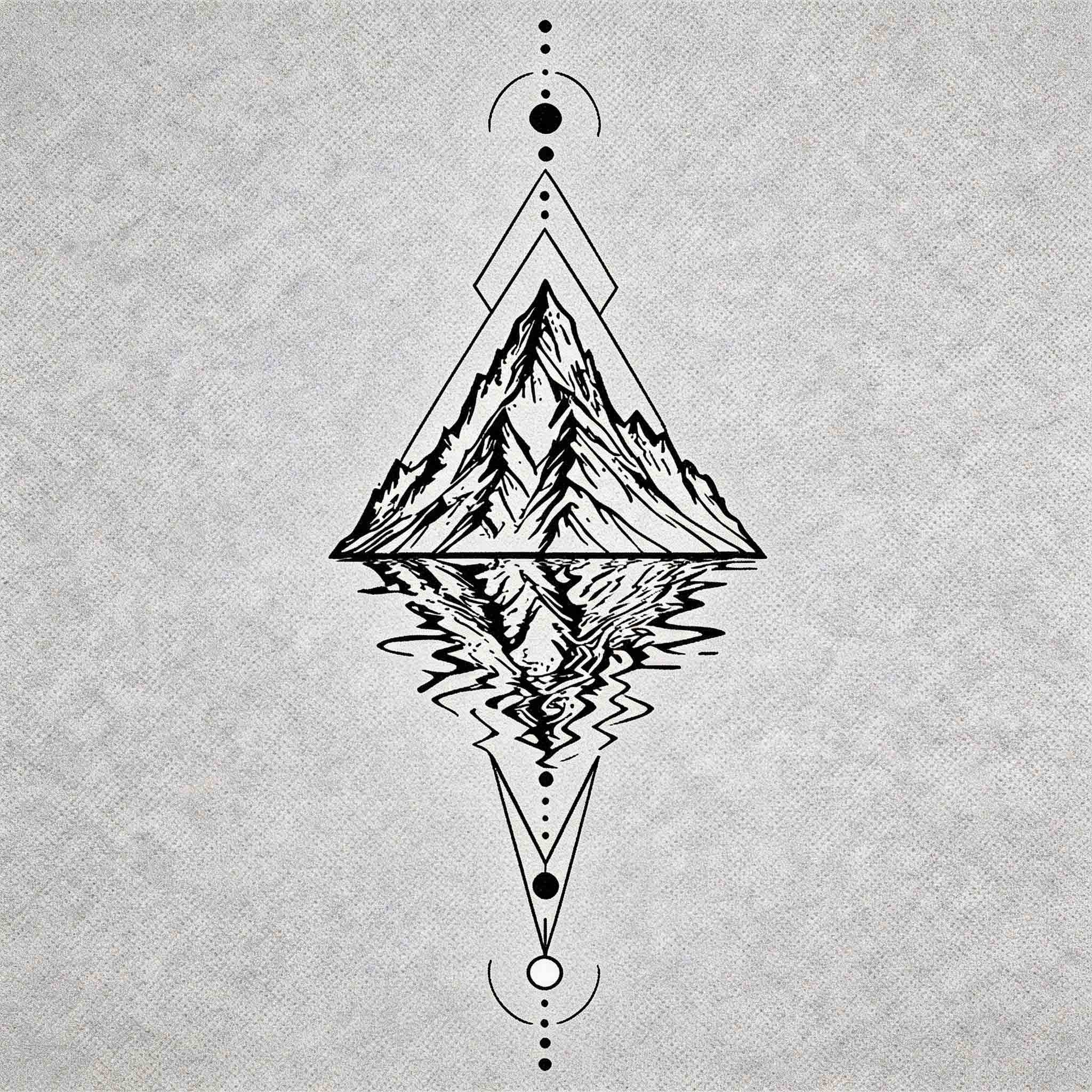 Geometric mountain reflection temporary tattoo with triangle frame and water details