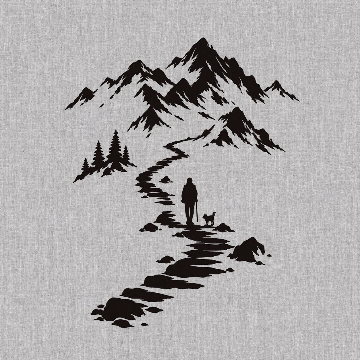Fine line temporary tattoos design featuring a hiker and dog on a mountain path with pine trees and distant peaks.