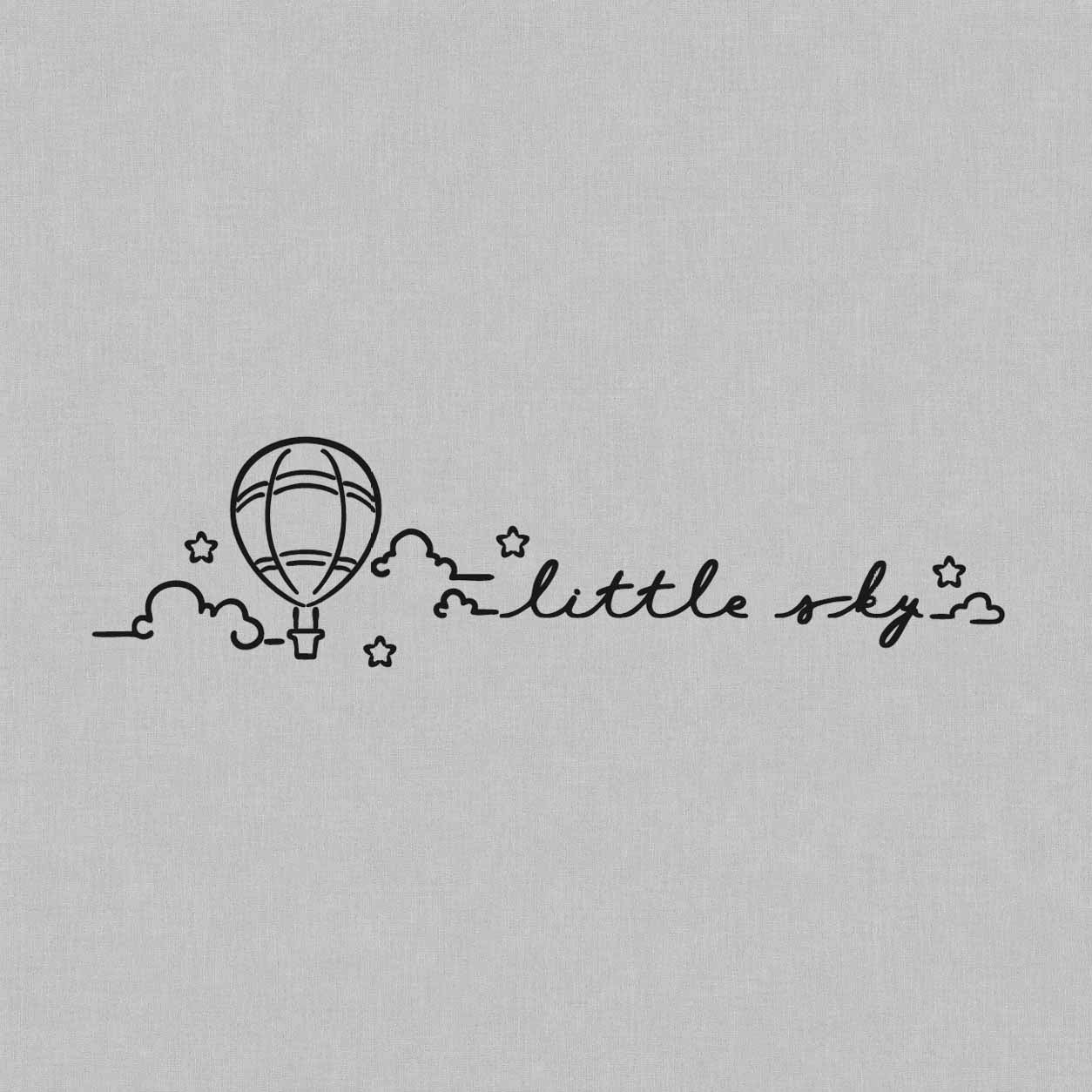 Little Sky temporary tattoo featuring a minimalist hot air balloon, clouds, stars, and flowing handwritten lettering.

