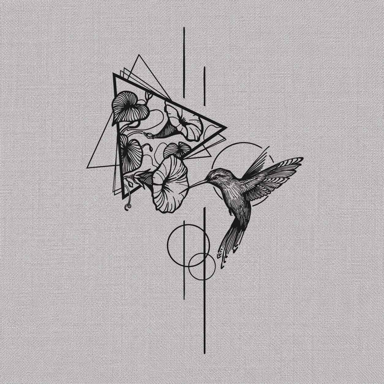 Geometric hummingbird semi-permanent tattoo featuring detailed wings, botanical flowers, overlapping triangles, circles, and abstract lines.