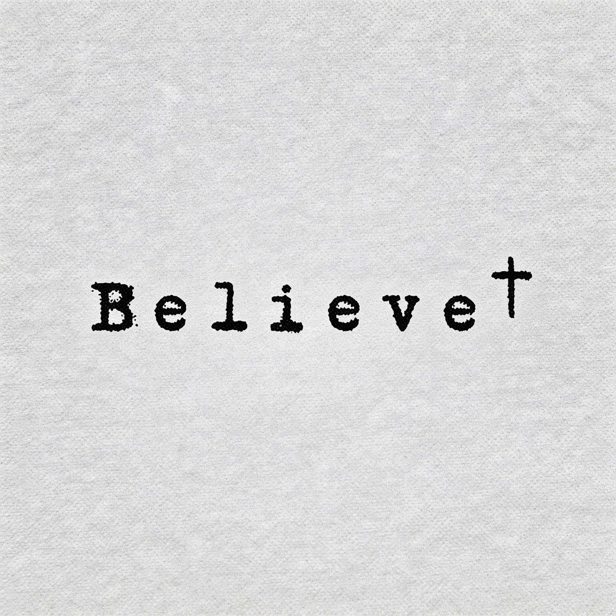 Believe typography temporary tattoo with minimalist cross detail