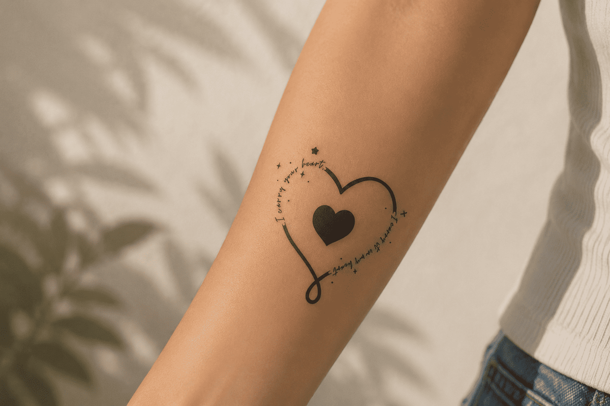 Romantic temporary tattoo featuring two hearts, tiny stars, and the handwritten phrase “I carry your heart” on the inner forearm.