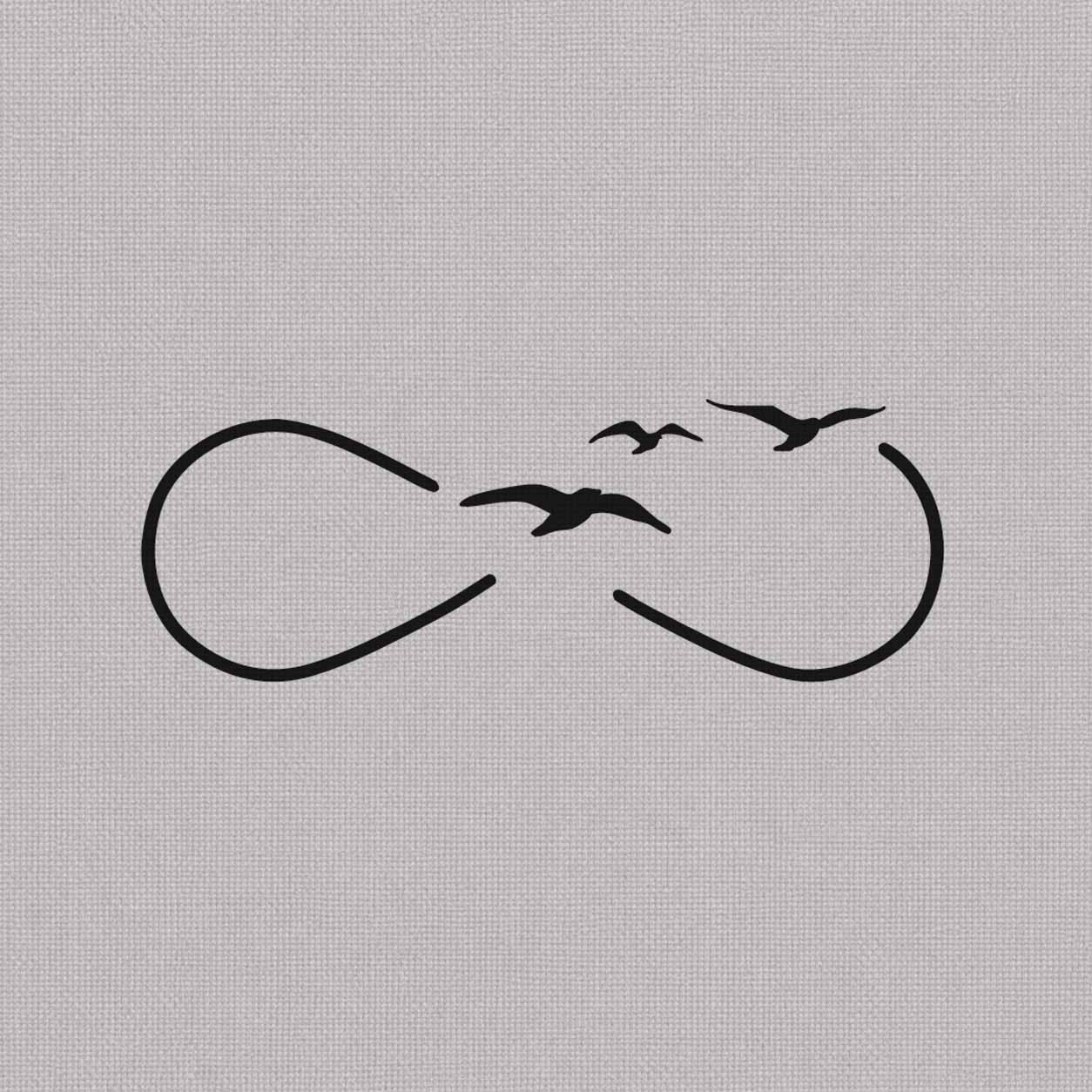 Infinity bird semi-permanent tattoo featuring three flying birds and a clean continuous loop in minimalist black linework.
