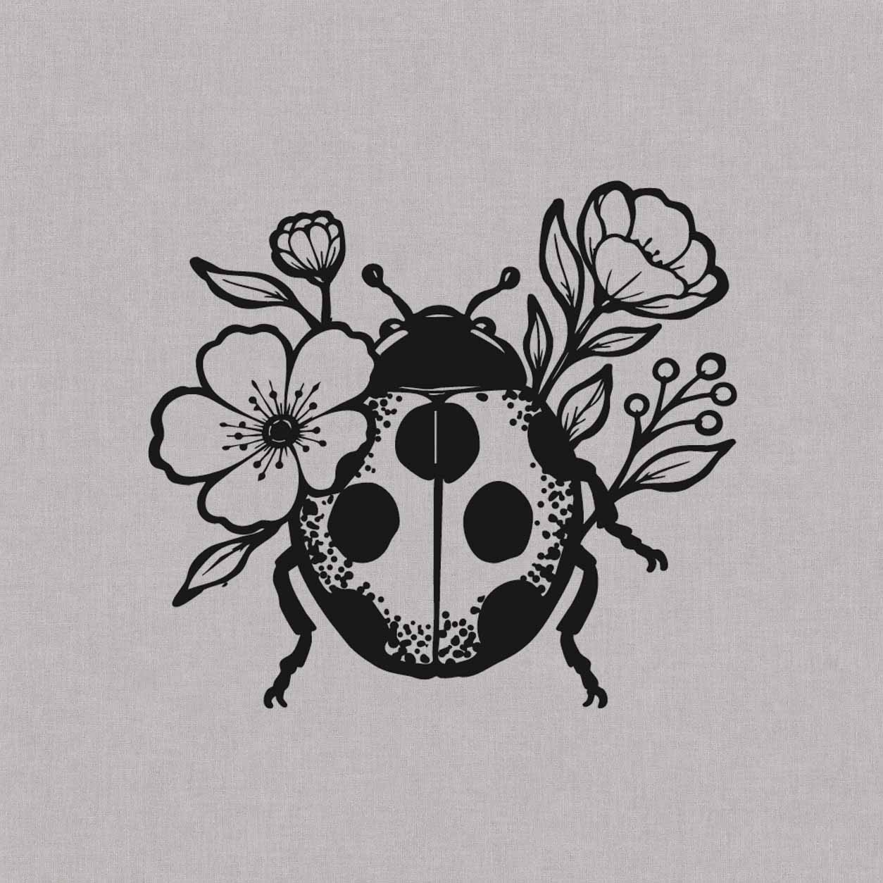Floral ladybug temporary tattoo featuring a spotted ladybug surrounded by blooming flowers, leaves, buds, and botanical branches.
