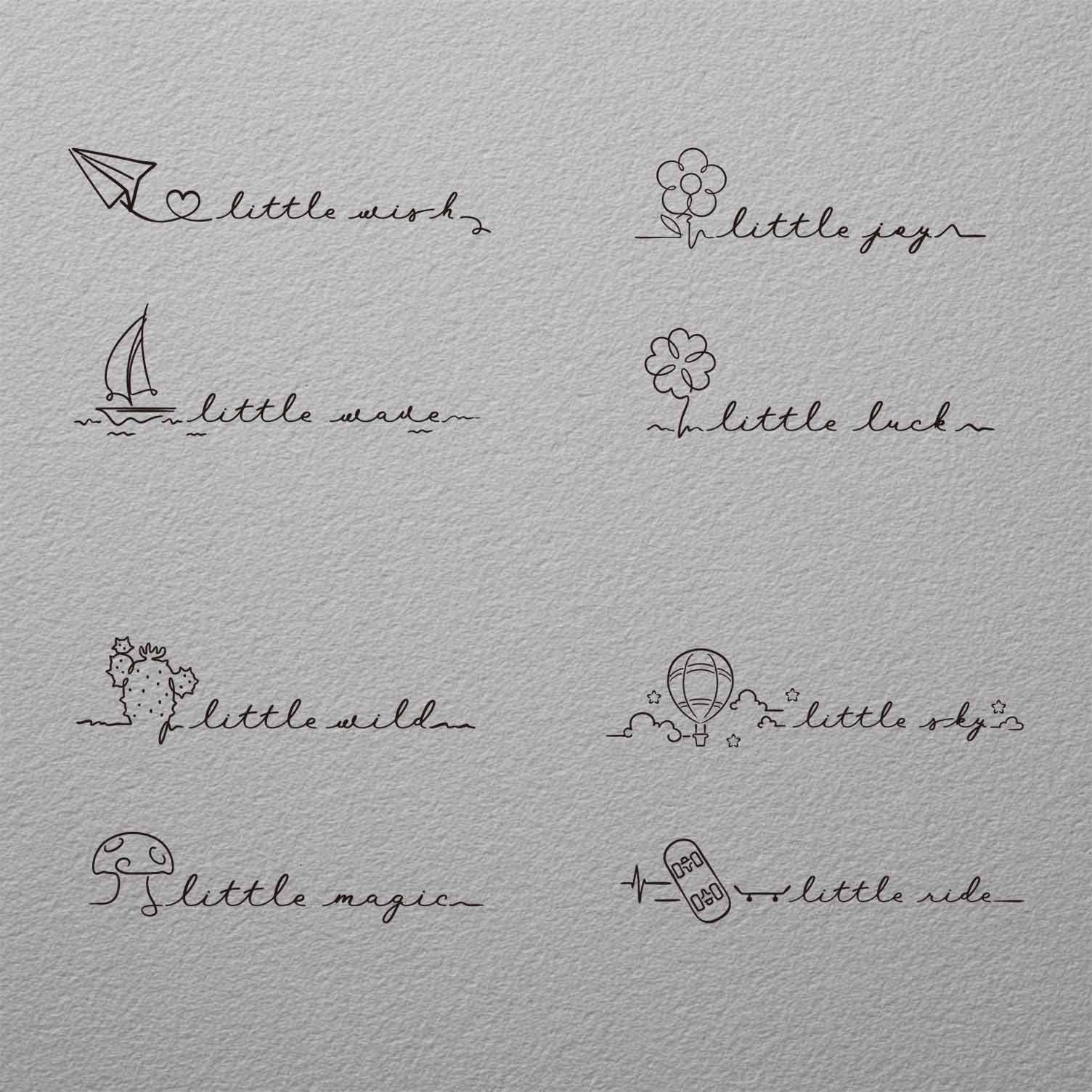 Little Series temporary tattoo set with cute phrases, flowers, paper plane, cactus, and hot air balloon
