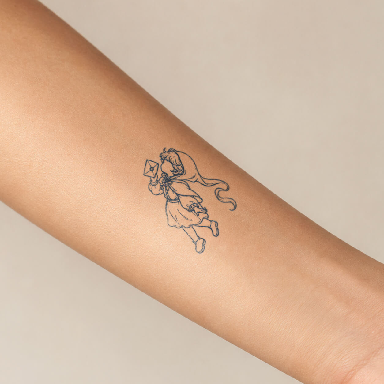 Minimalist line art tattoo featuring a small girl character wearing a cape and holding an envelope, creating a cute magical storybook style. This delicate temporary tattoo design brings a whimsical and imaginative touch with fine details.
