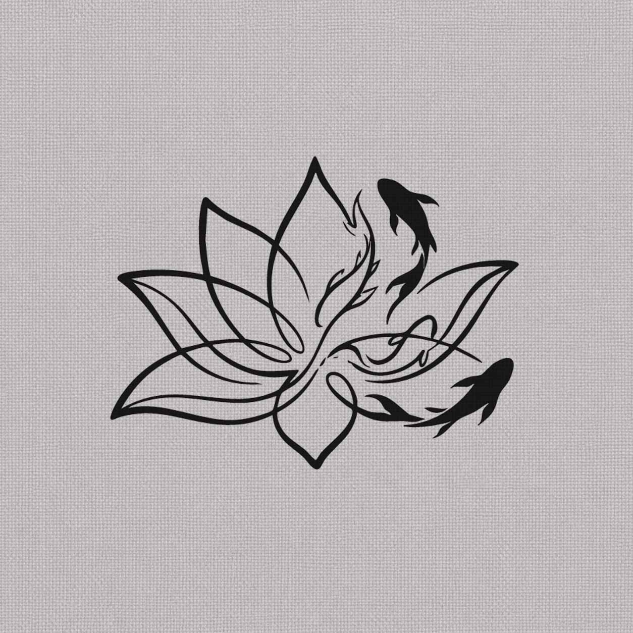 Lotus and koi semi-permanent tattoo featuring two fish swimming around an open flower in flowing blue-black linework.