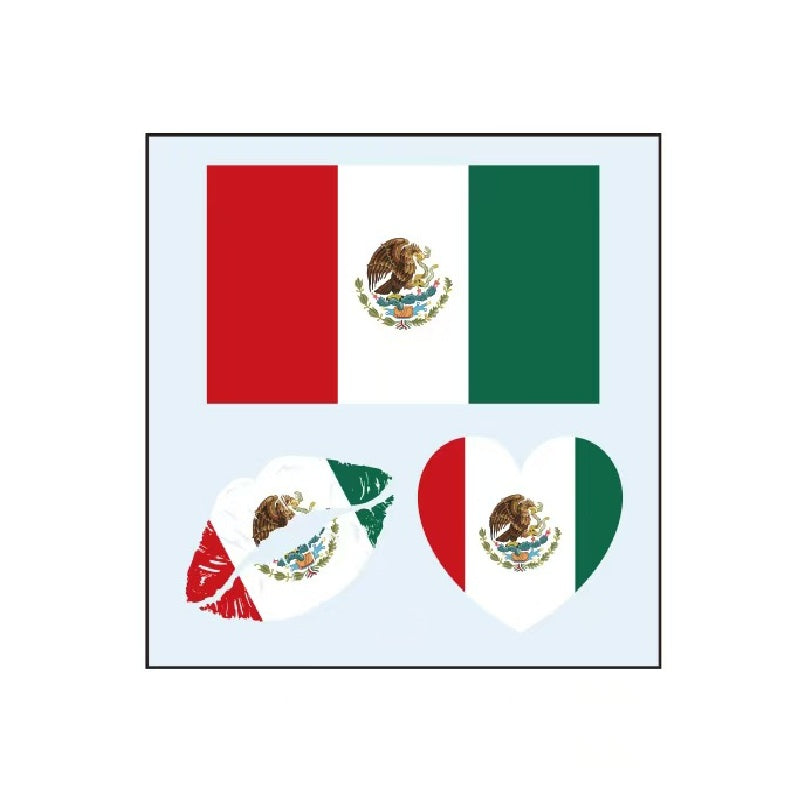 Mexico flag temporary tattoo set with heart and lips designs