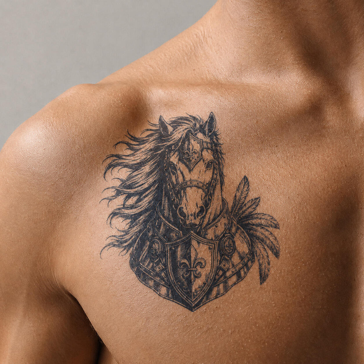 Horse fake tattoo design featuring a detailed armored horse with shield and feather elements, creating a bold fine line tattoo style.
