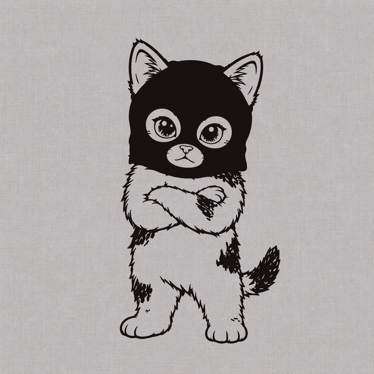 Temporary tattoo design featuring a masked kitten character with big eyes, pointed ears, crossed arms, and a fluffy tail.