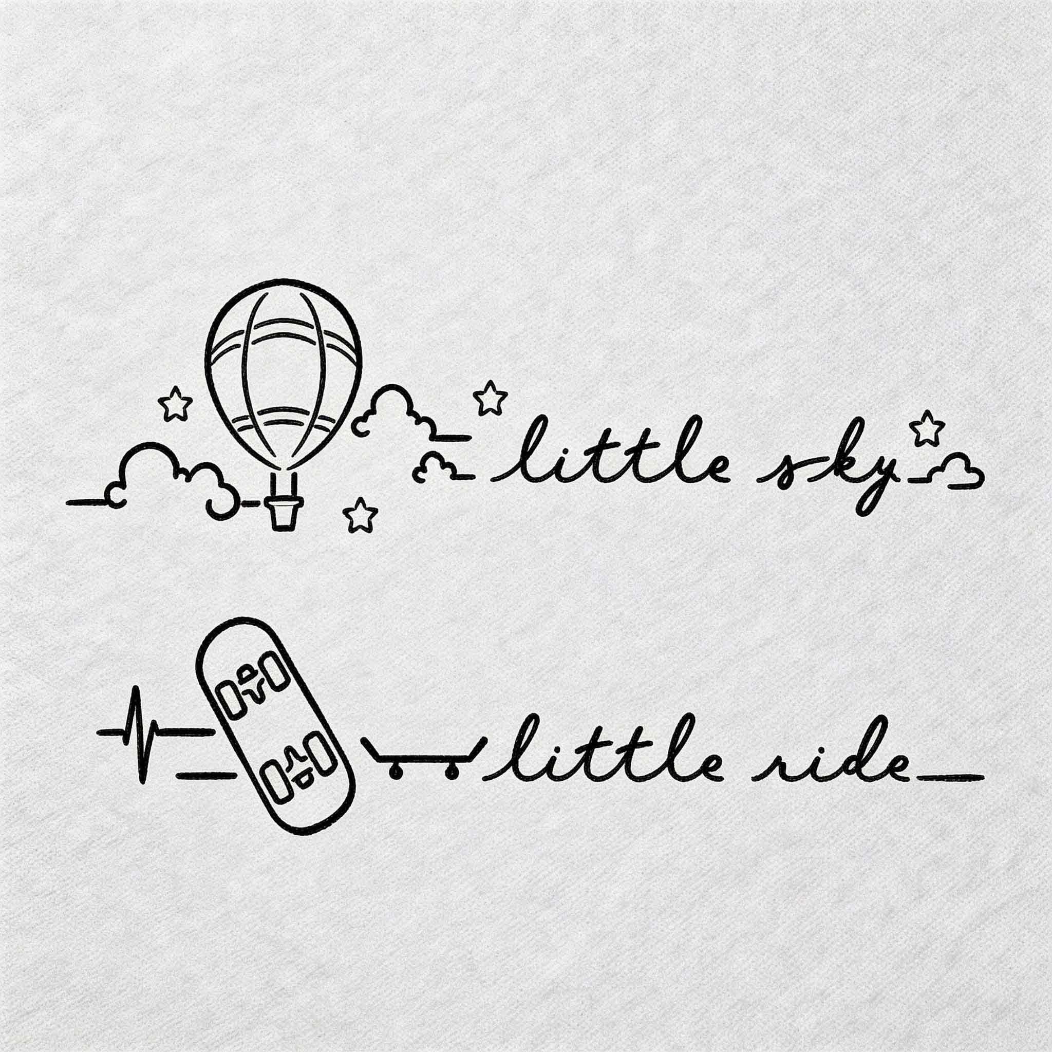 Minimalist hot air balloon and skateboard temporary tattoo set with handwritten phrases