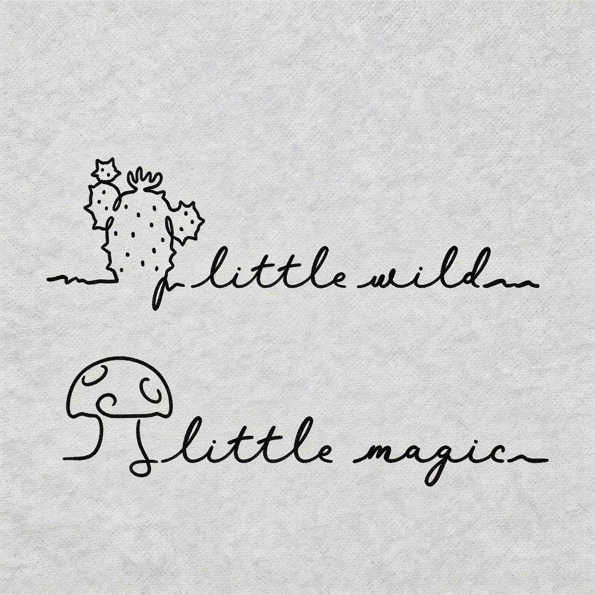 Little wild and little magic minimalist tattoo set with cactus and mushroom drawings