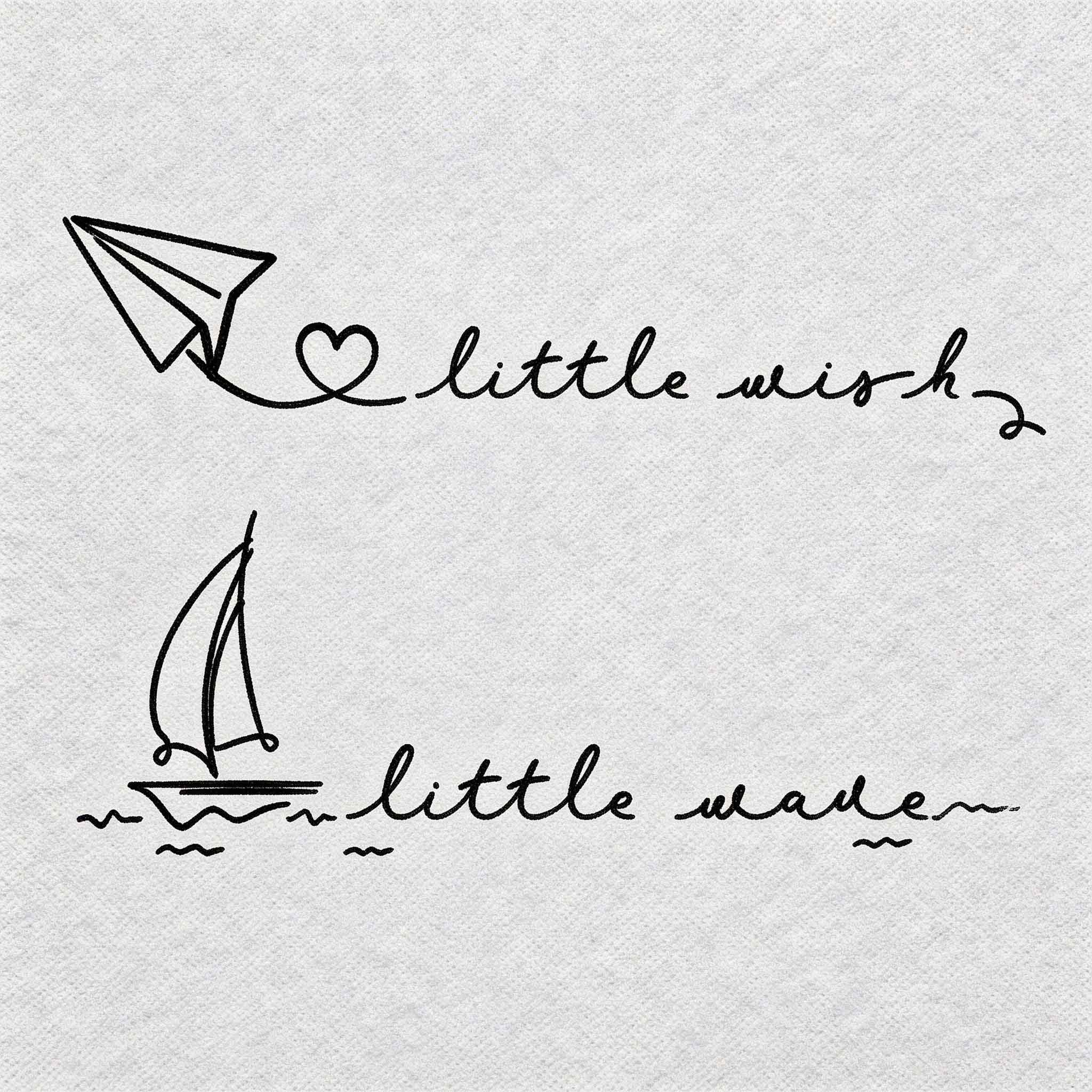 Mini Series line art paper airplane and sailboat temporary tattoo design.