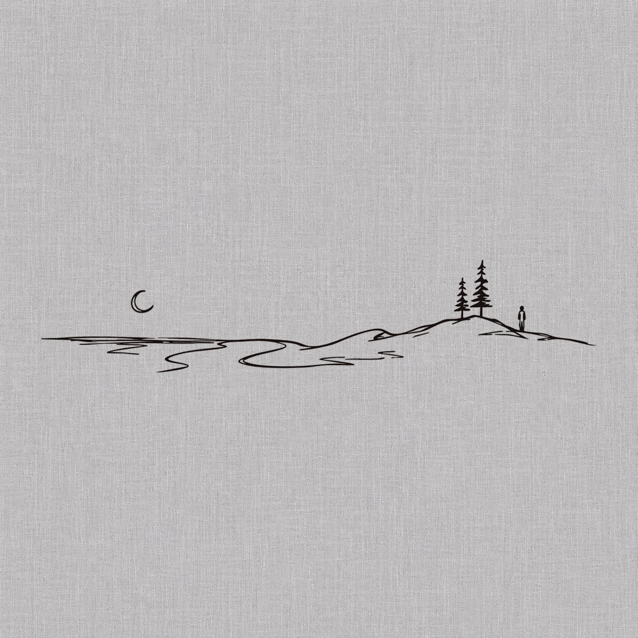 Fine line temporary tattoos design featuring a minimalist moonlit landscape with water, pine trees, hills, and a lone figure.