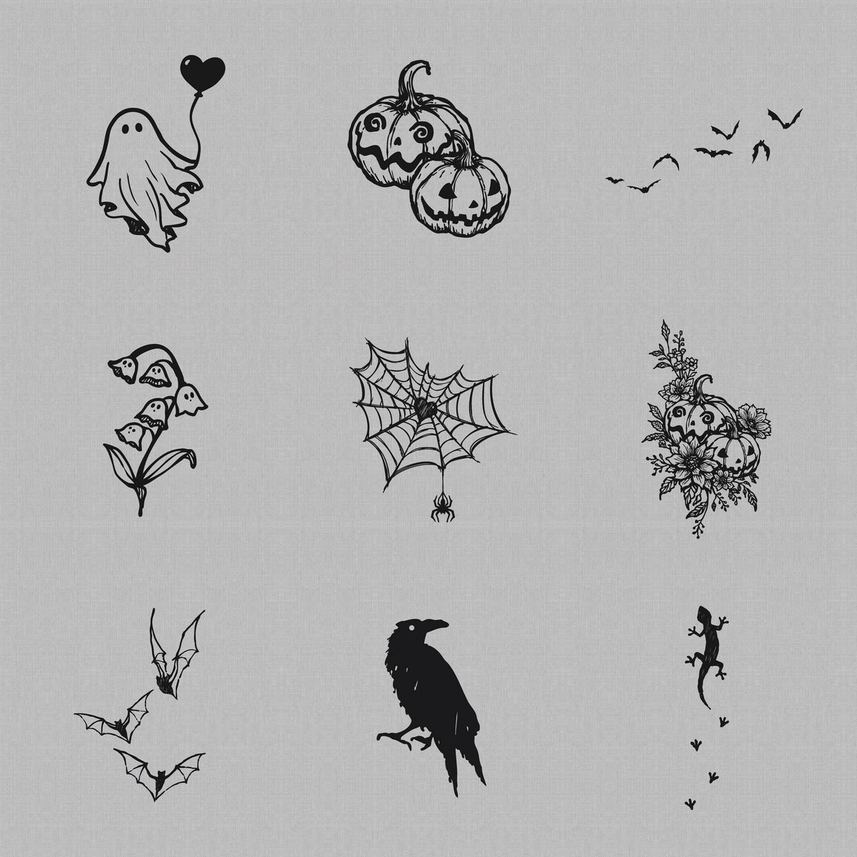 Temporary tattoos for adults featuring a nine-design Halloween tattoo bundle with ghosts, pumpkins, bats, a spider web, raven, and floral spooky motifs