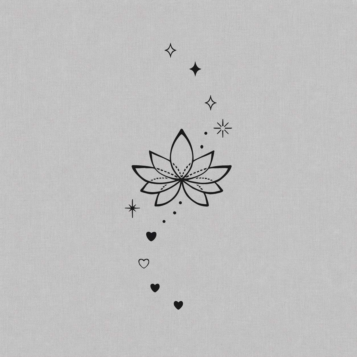Floral temporary tattoos featuring a lotus flower with small stars, dots, and floating hearts
