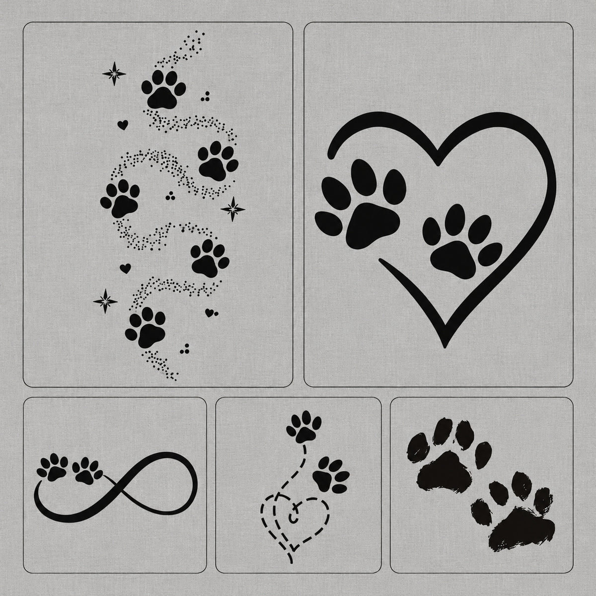 Temporary tattoos for adults featuring a five-design paw print set with heart, infinity, and trail motifs