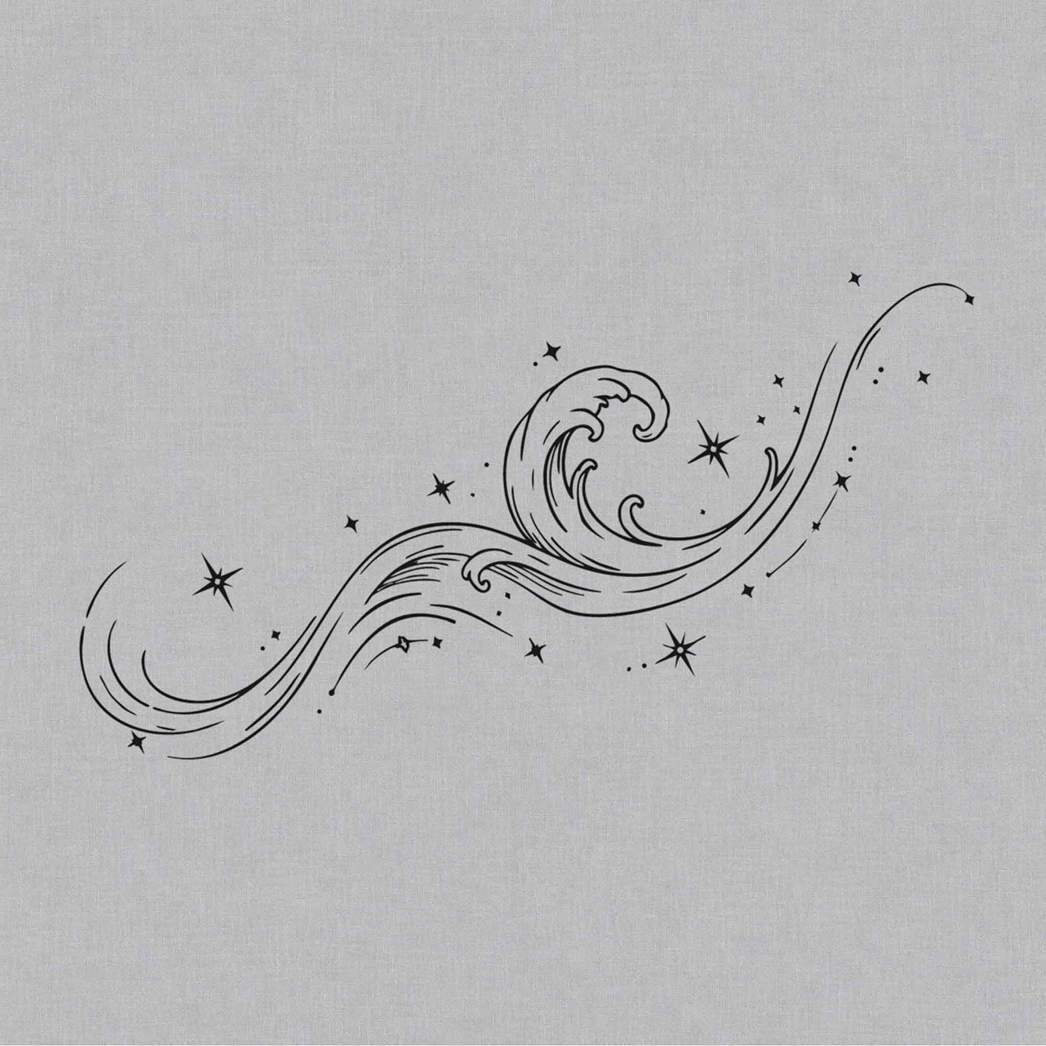 Minimalist celestial wave tattoo featuring a flowing ocean wave surrounded by stars.