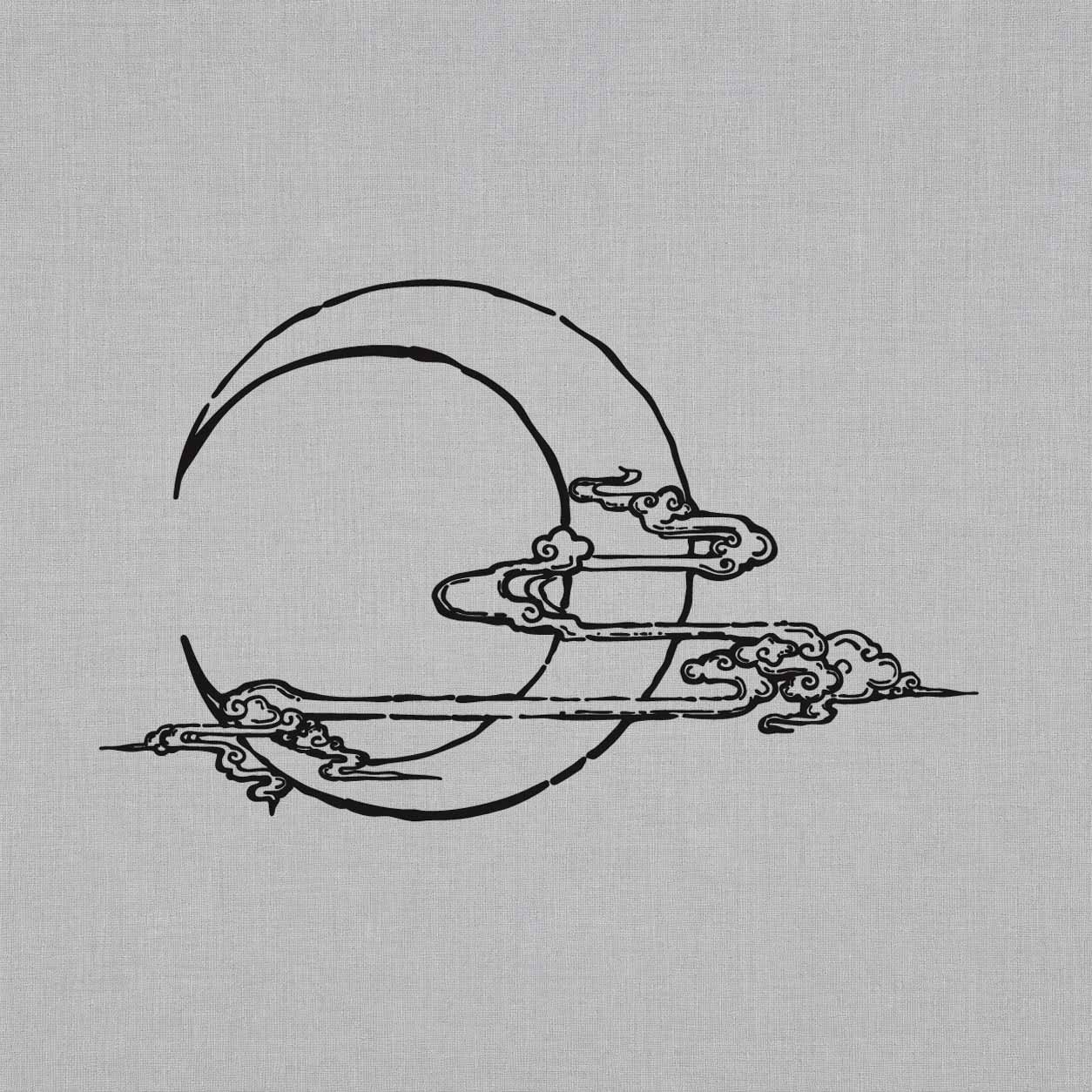 Moon and auspicious clouds semi-permanent tattoo featuring a round moon with flowing traditional cloud motifs in delicate black linework.