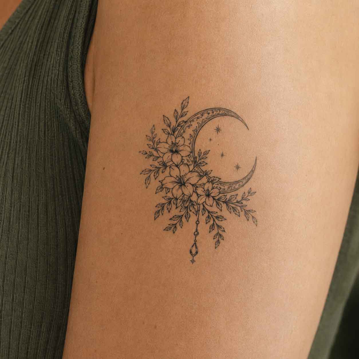 Moon and flower tamp tattoo on upper arm