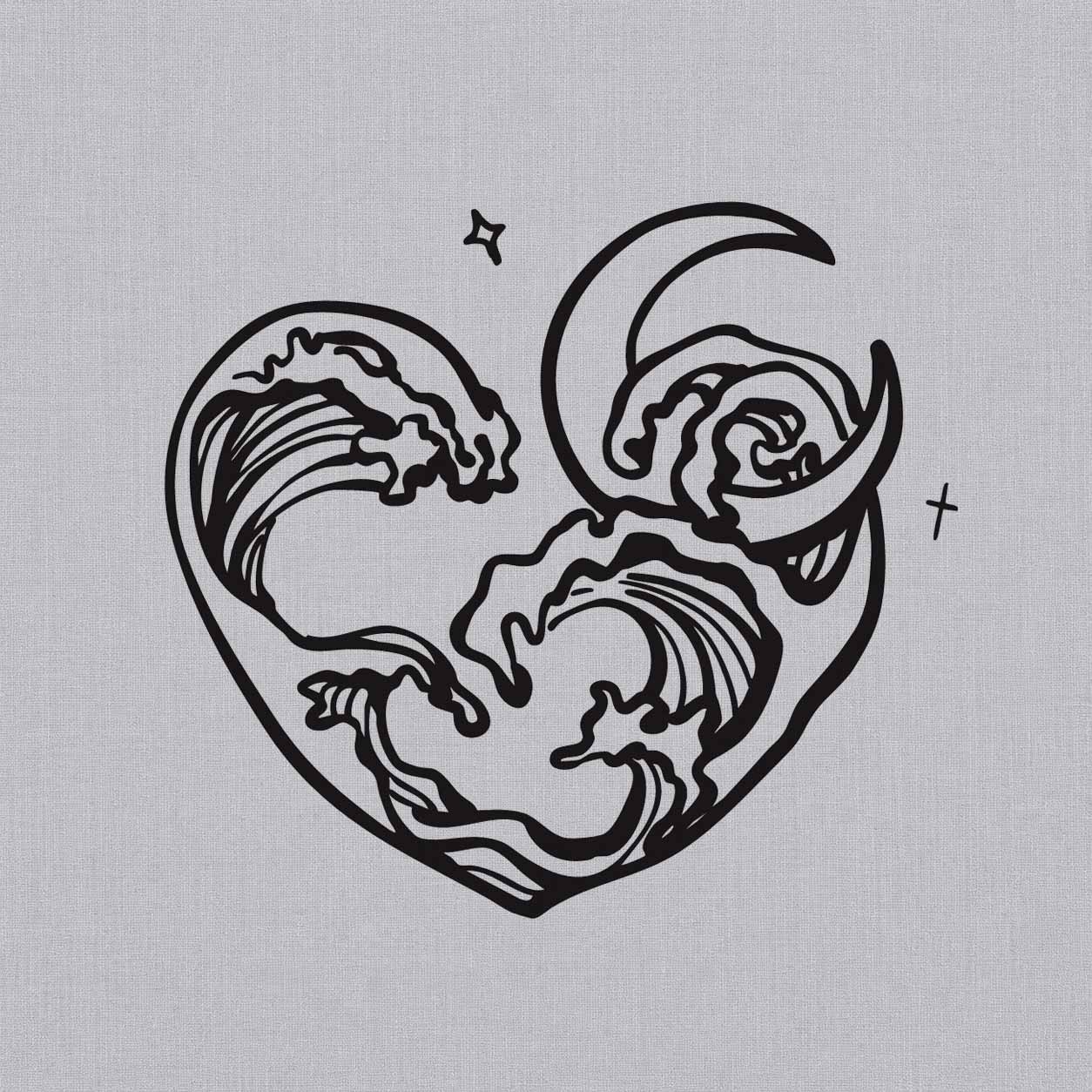 Temporary tattoo ideas design featuring rolling ocean waves and a crescent moon enclosed within a large heart-shaped outline.