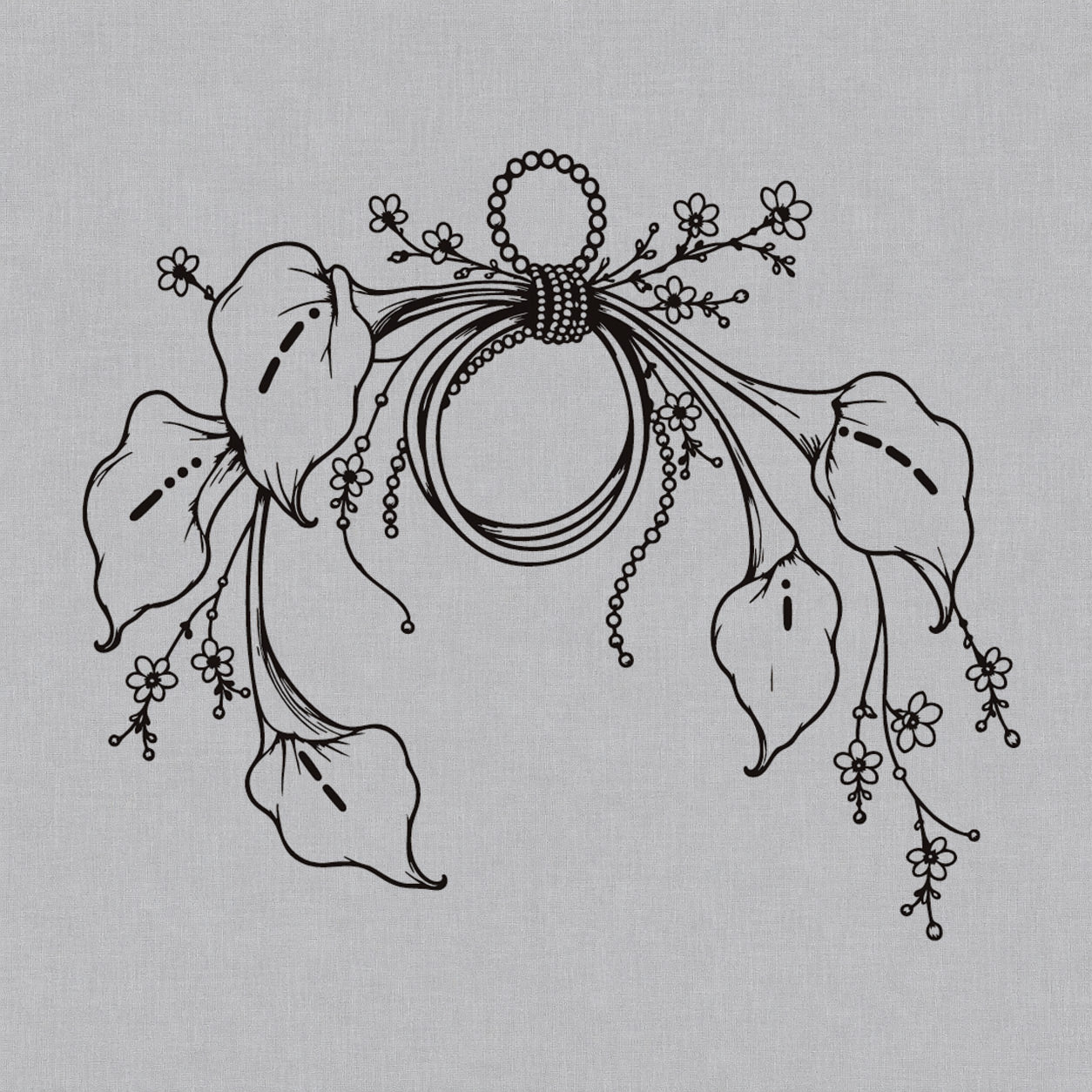 Fine line temporary tattoos design featuring calla lilies with Morse code details, floral vines, and delicate ornament lines.