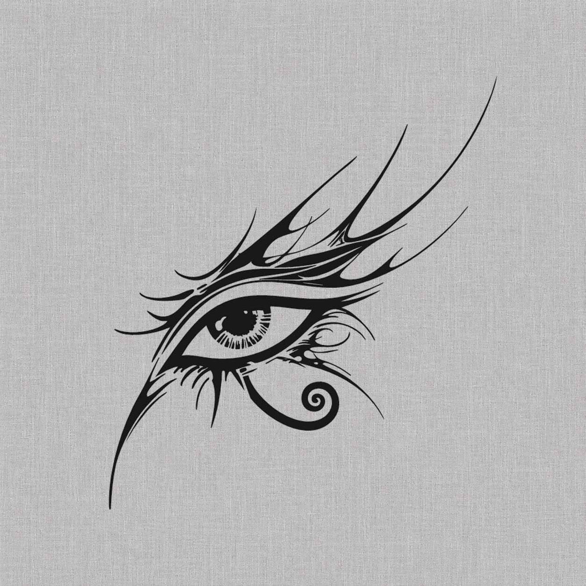 Eye of Horus semi-permanent tattoo featuring a detailed eye, sweeping pointed lines, and a spiral marking in blue-black ink.

