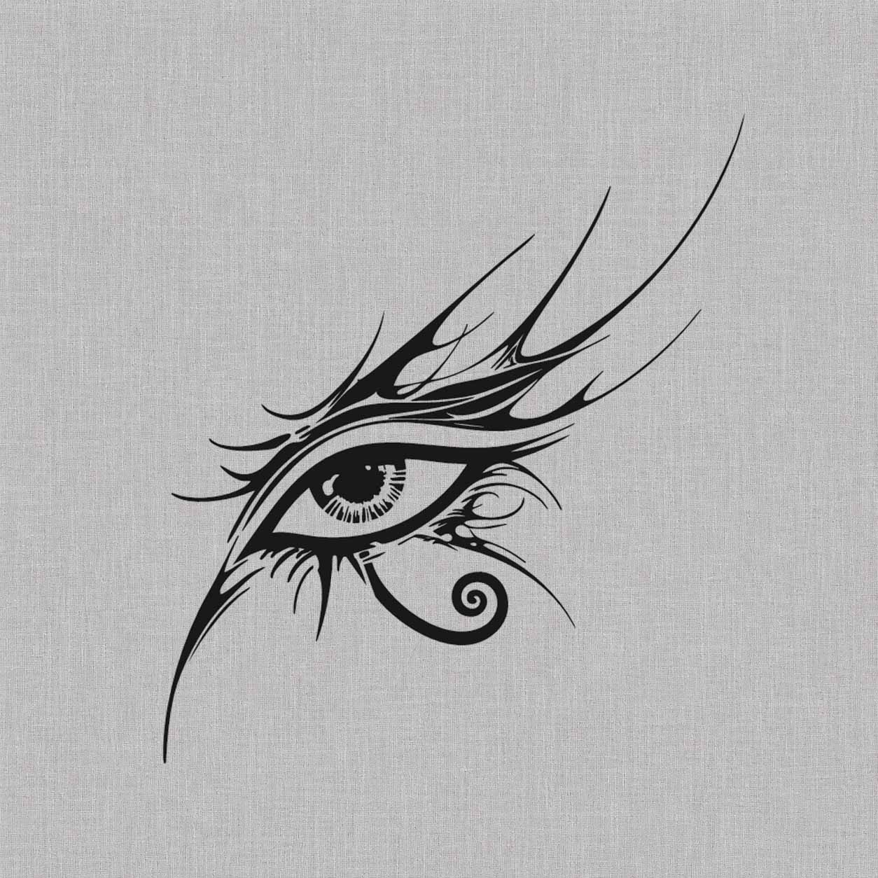 Eye of Horus semi-permanent tattoo featuring a detailed eye, sweeping pointed lines, and a spiral marking in blue-black ink.
