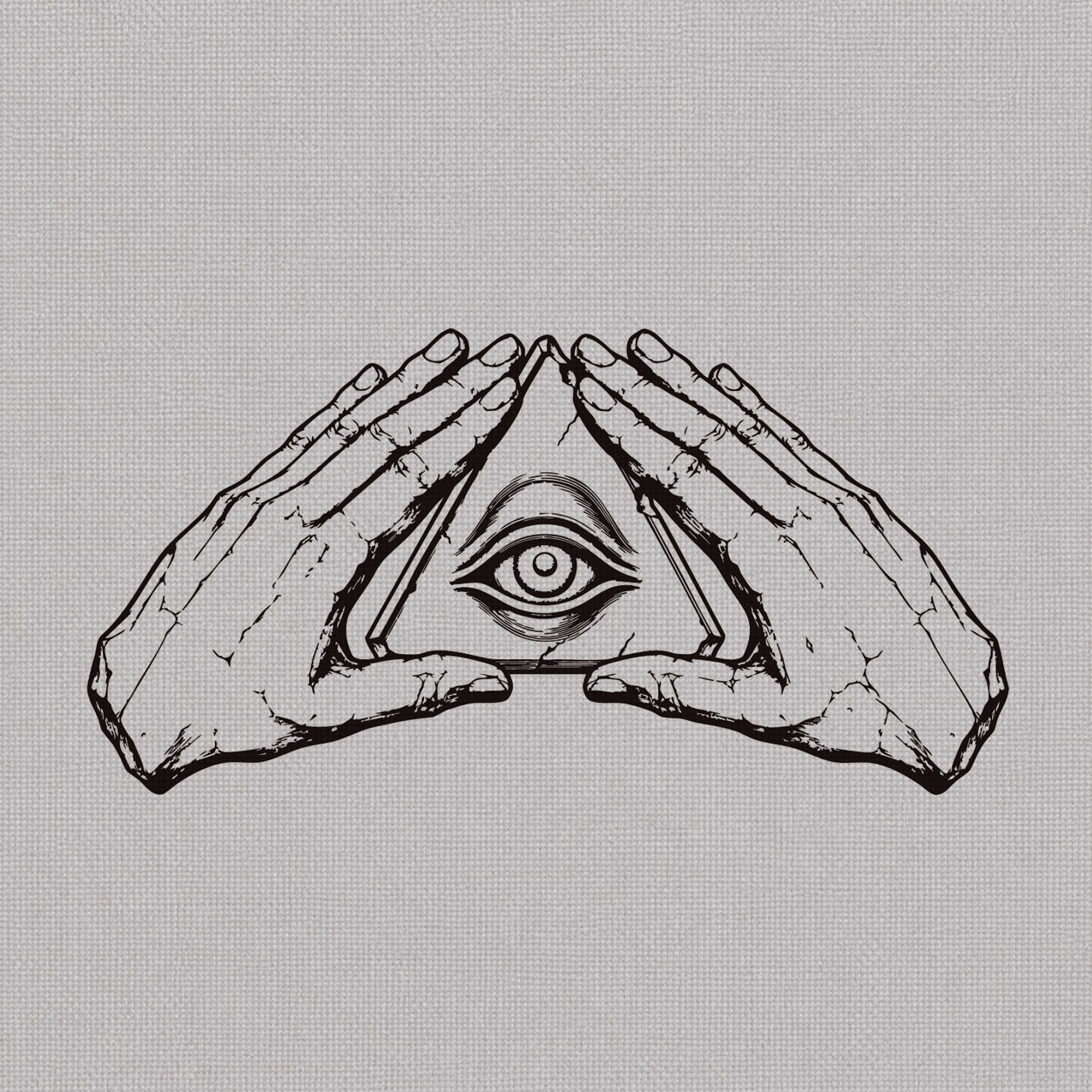 Fine line temporary tattoos design featuring two hands forming a triangle around a mystical eye symbol.