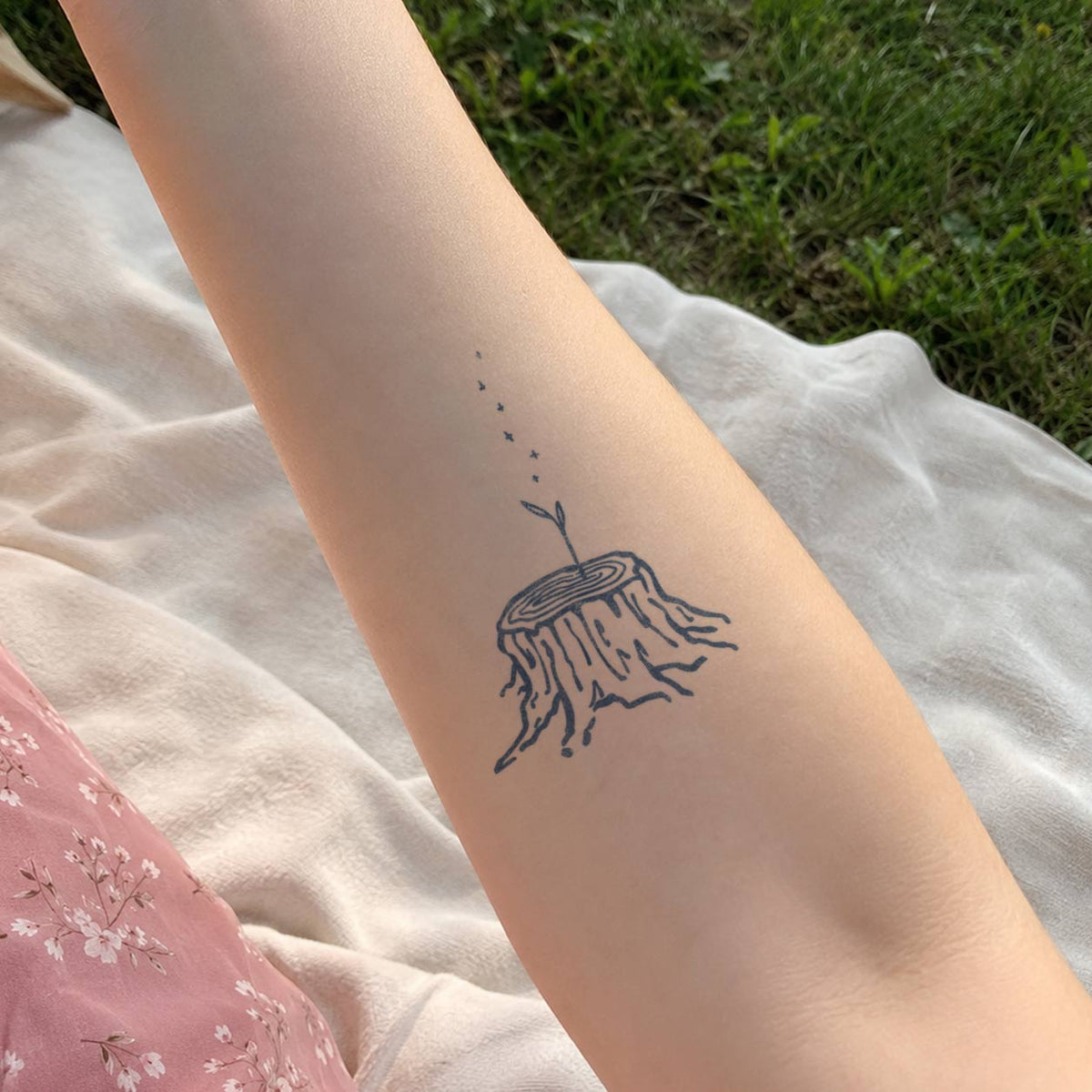 Fine line temporary tattoos featuring a tree stump with a small new sprout and delicate star details in blue-black ink on the forearm.