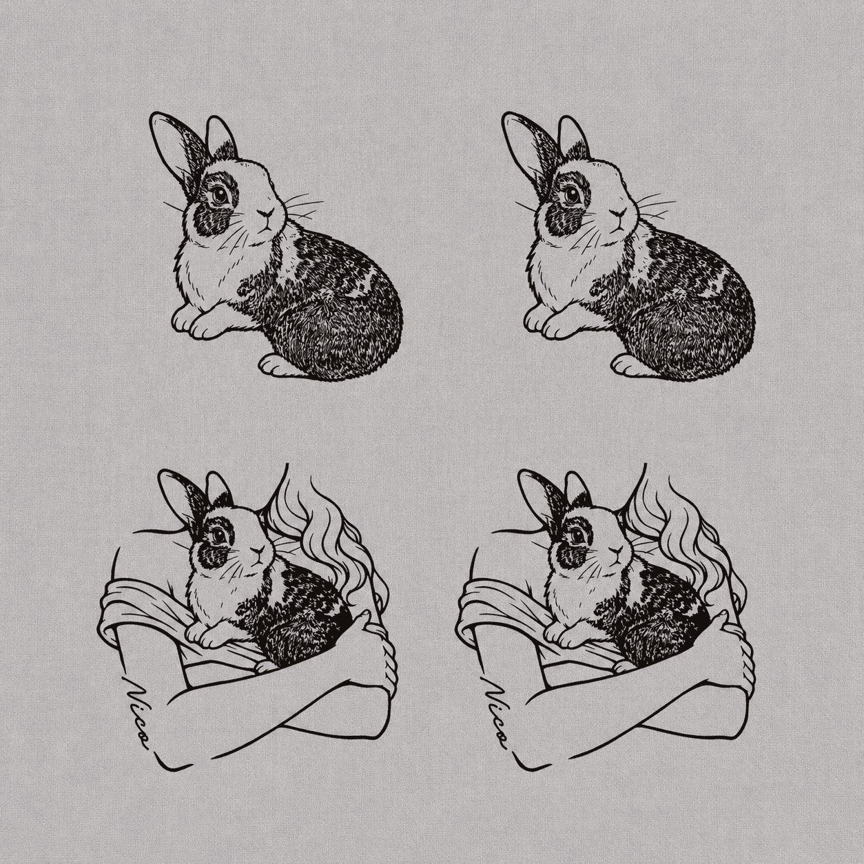 Fine line temporary tattoos set featuring a pet rabbit portrait and a rabbit held in arms with the name Nico.