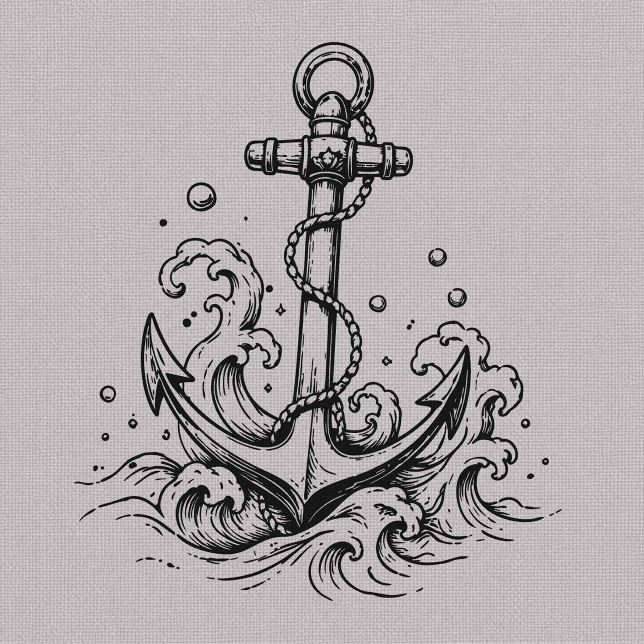Black line herbal semi-permanent tattoo featuring a nautical anchor wrapped in rope and surrounded by ocean waves.
