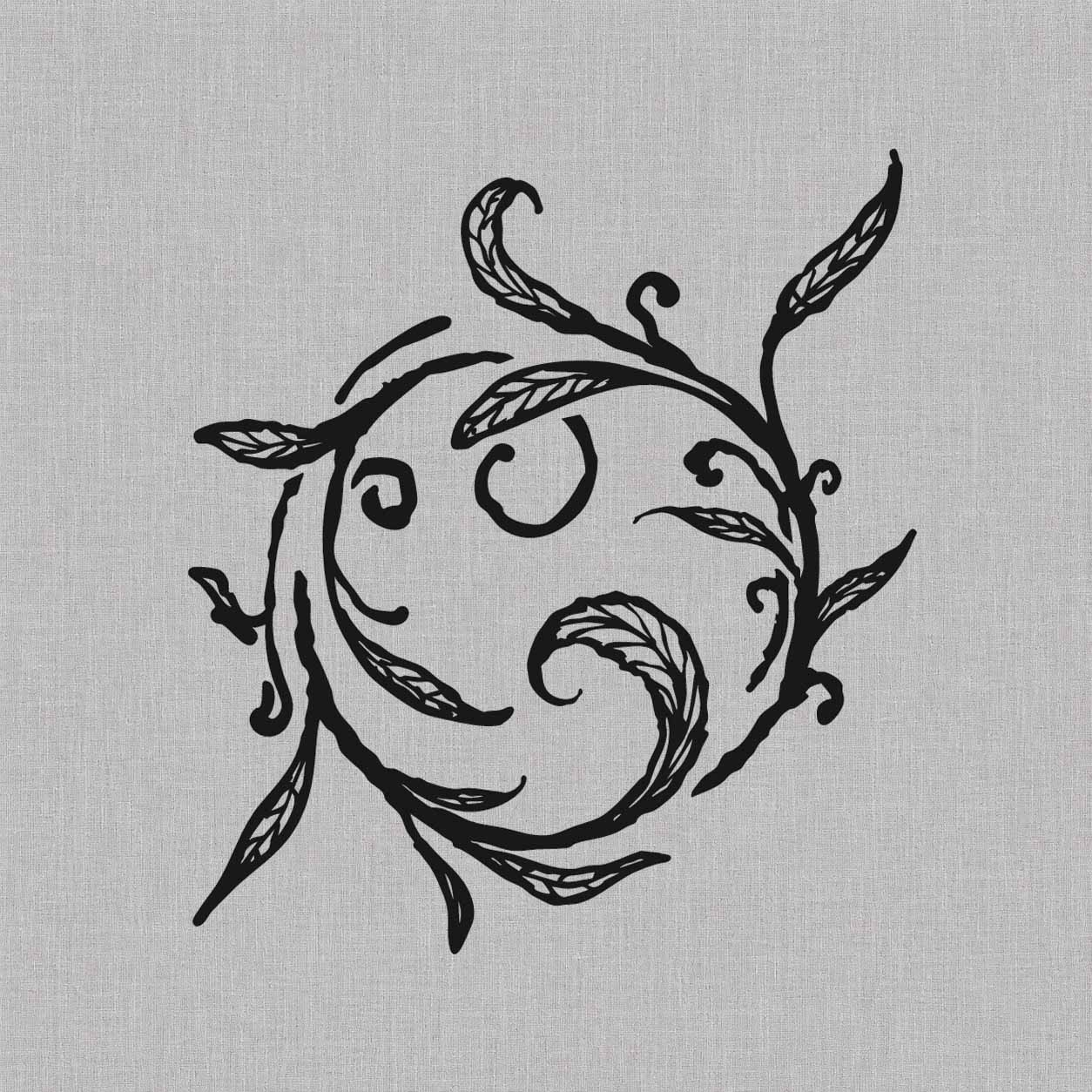 Ornamental vine semi-permanent tattoo featuring a circular arrangement of curling branches, pointed leaves, and decorative tendrils.
