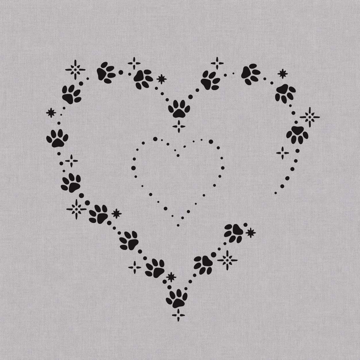 Fine line temporary tattoos design featuring paw prints arranged into a large heart outline with a smaller dotted heart and decorative sparkles inside.
