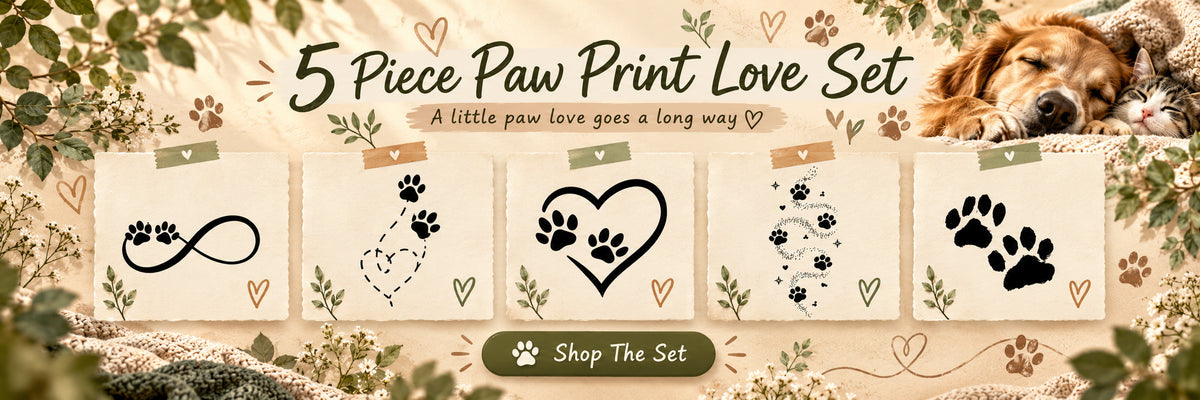 Small temporary tattoos featuring five paw print and heart designs in a pet-inspired love set with dog and cat imagery.