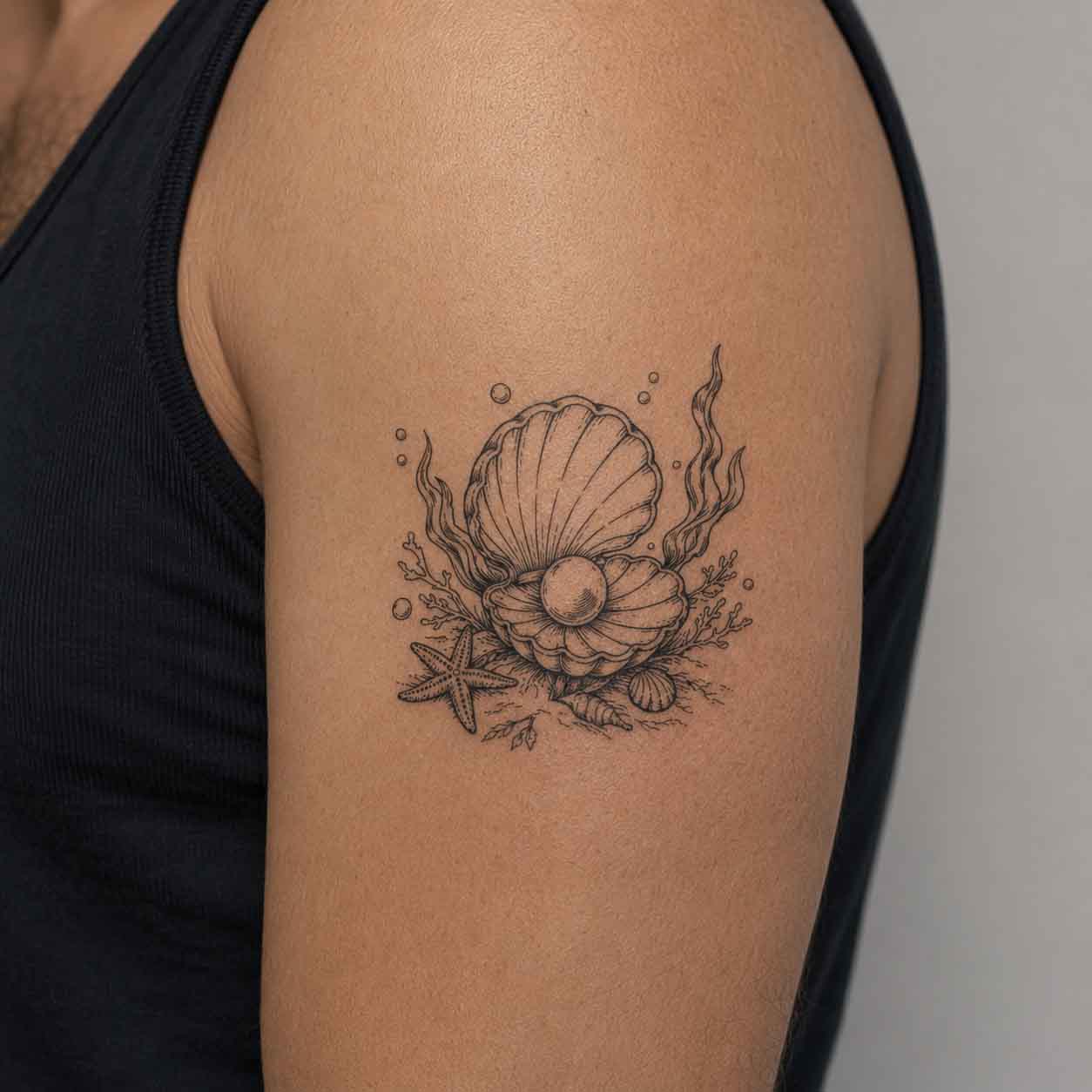 Pearl shell temp tattoo on upper arm