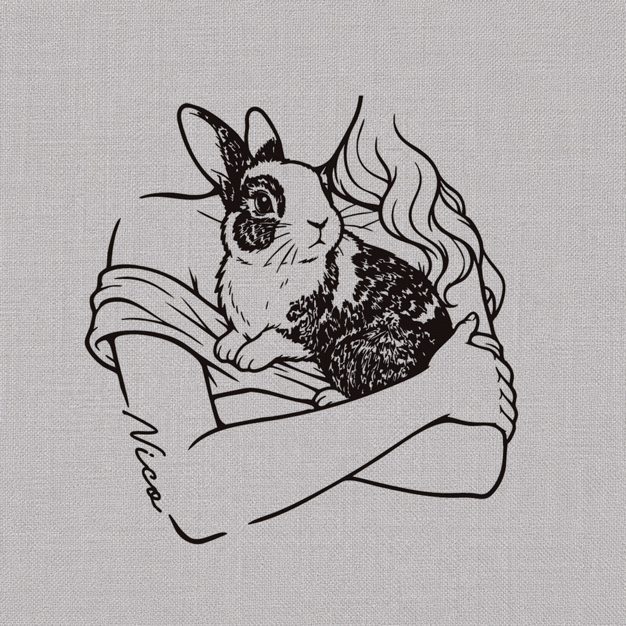 Custom name temporary tattoos design featuring a bunny held in loving arms with the name Nico.
