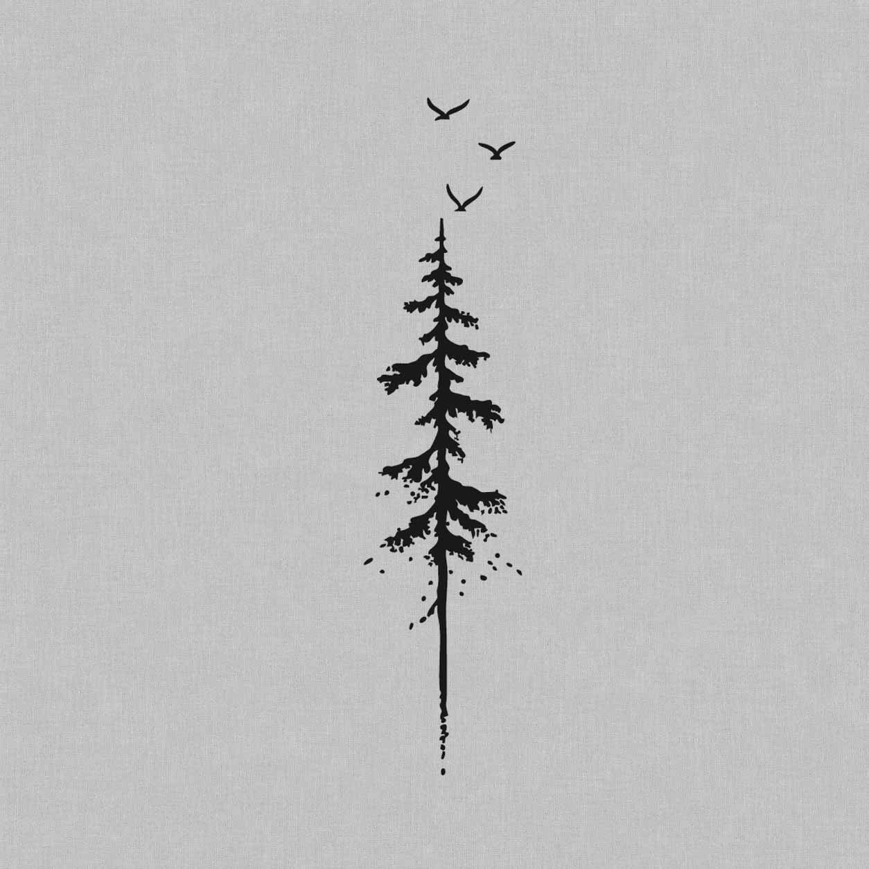 Pine tree semi-permanent tattoo featuring a tall evergreen silhouette, expressive ink details, and three flying birds.
