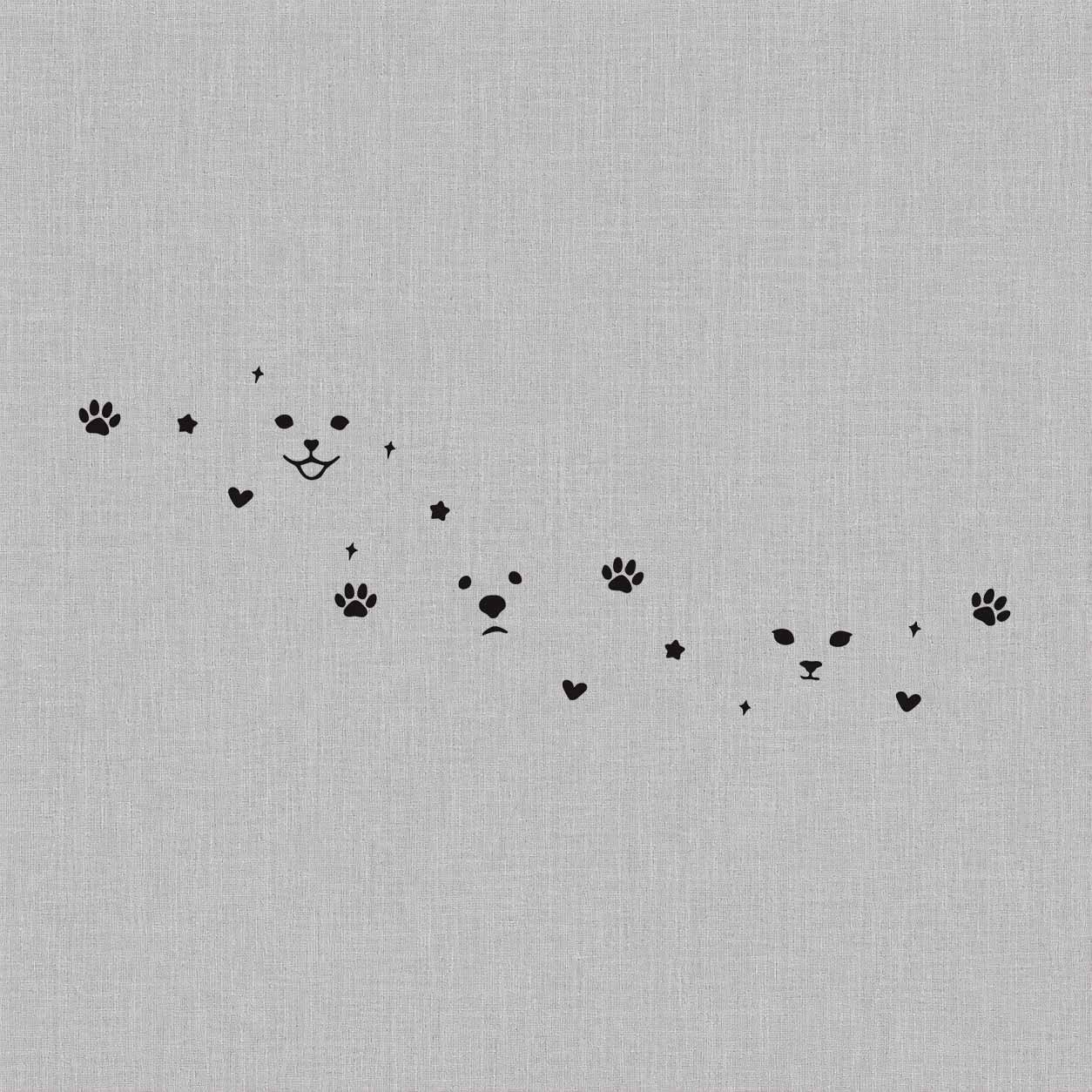 Temporary tattoo ideas design featuring three playful pet faces surrounded by paw prints, hearts, and small decorative stars.

