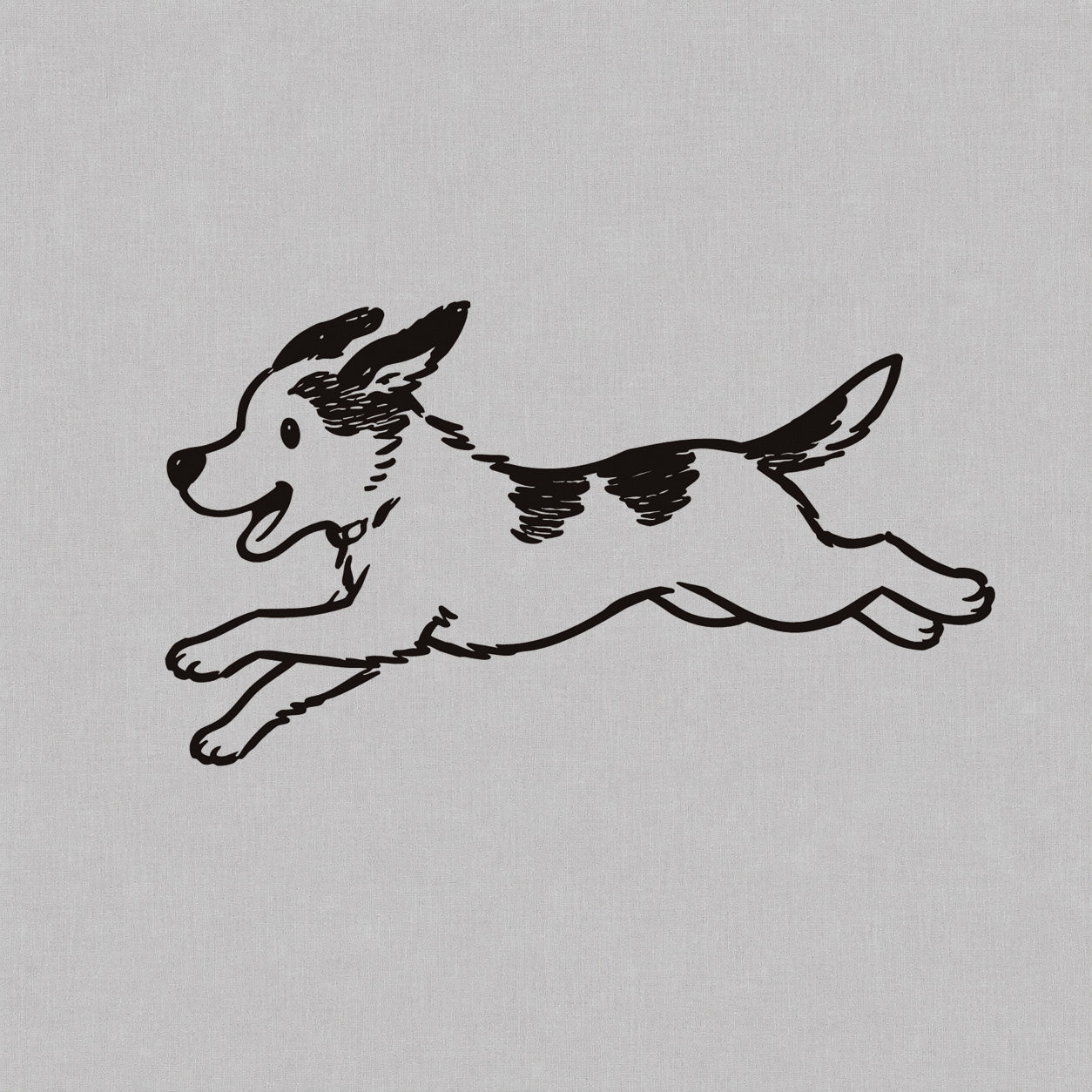 Temporary tattoo design featuring a happy spotted dog running with playful movement and simple black linework.