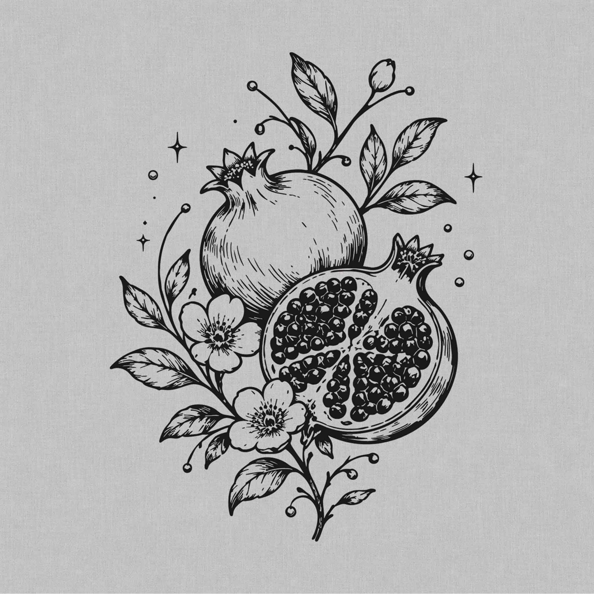 Pomegranate blossom botanical temporary tattoo design with fruit, flowers and leaves