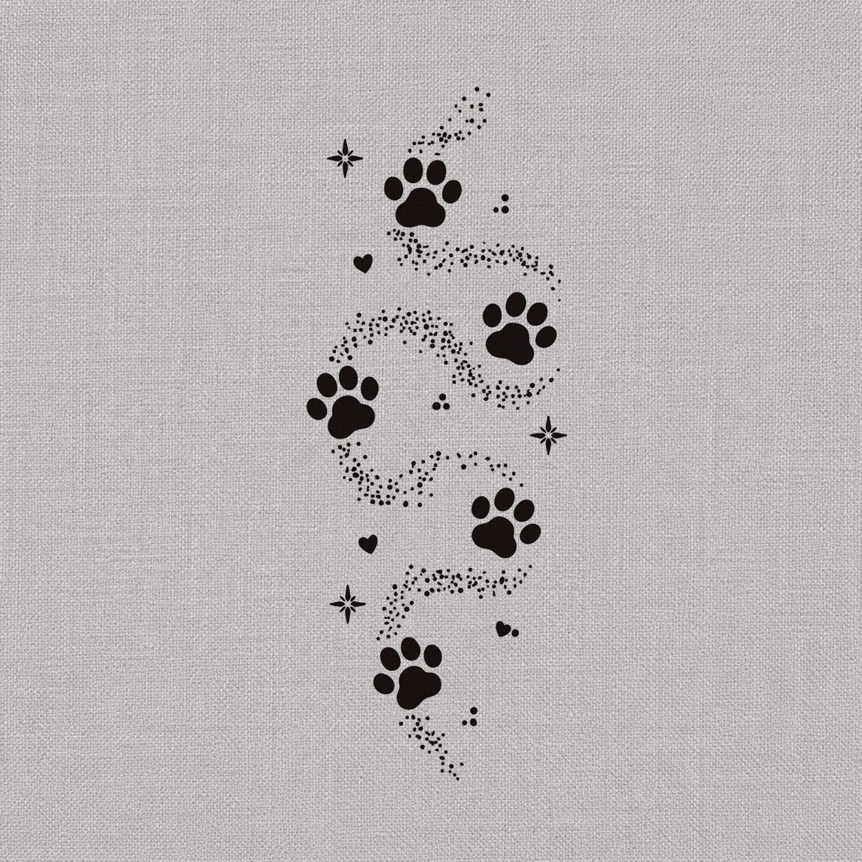 Temporary tattoo designs featuring paw prints, dotted stardust trails, small hearts, and sparkle details.