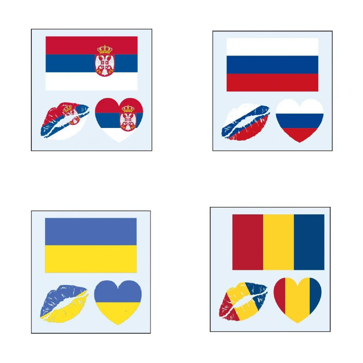 Serbia Russia Ukraine Romania flag temporary tattoo set with heart and lips designs