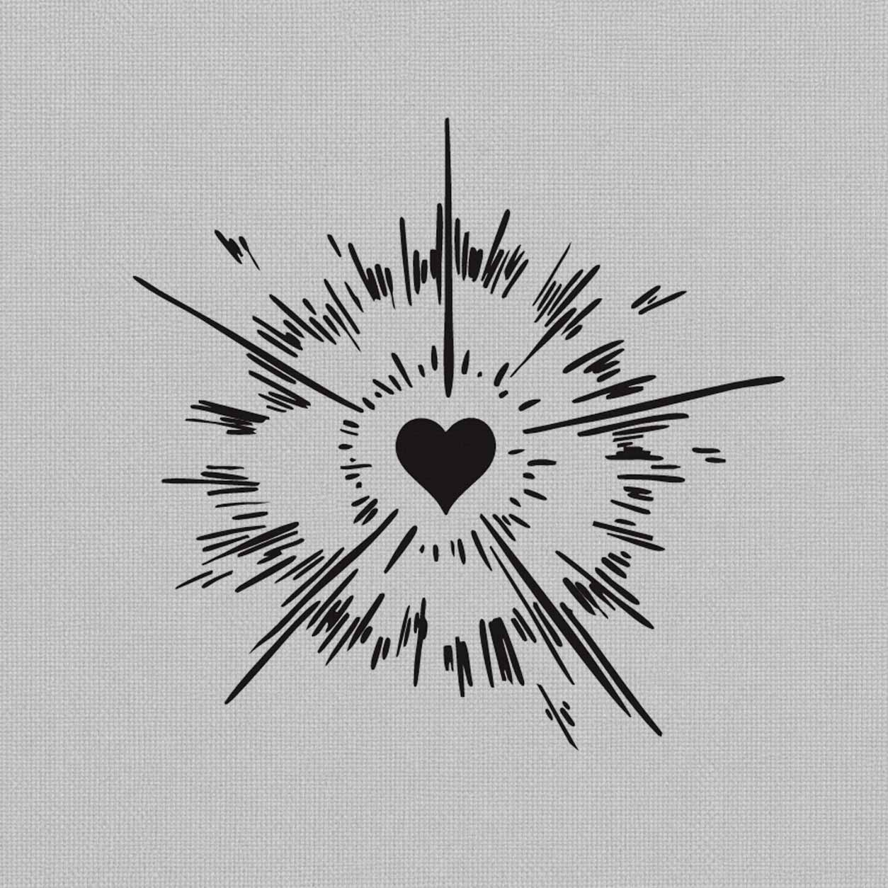 Fine line temporary tattoos design featuring a solid black heart surrounded by expressive radiating lines and light-burst details.