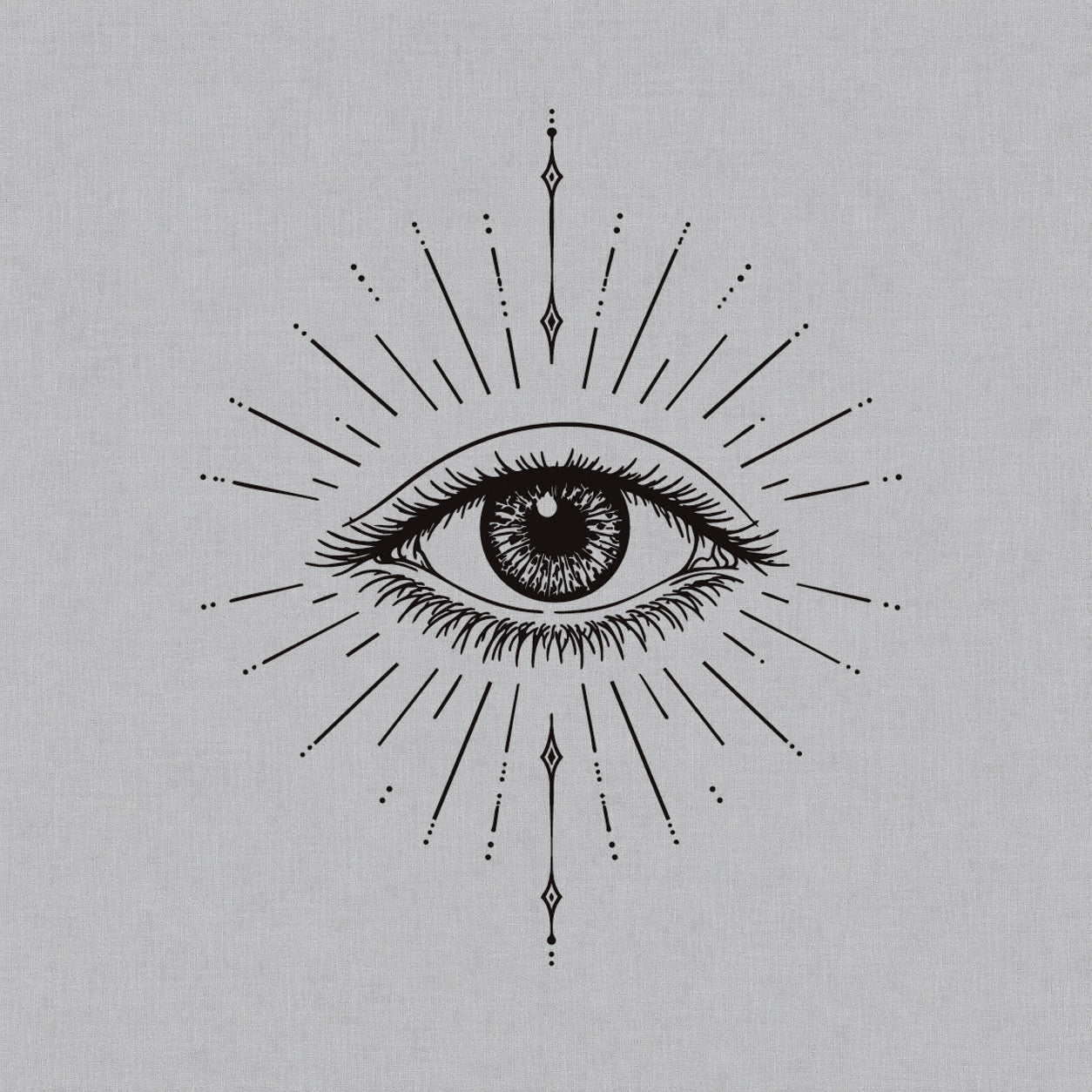 Fine line temporary tattoos design featuring a radiant mystical eye with sunburst rays and delicate ornamental details.