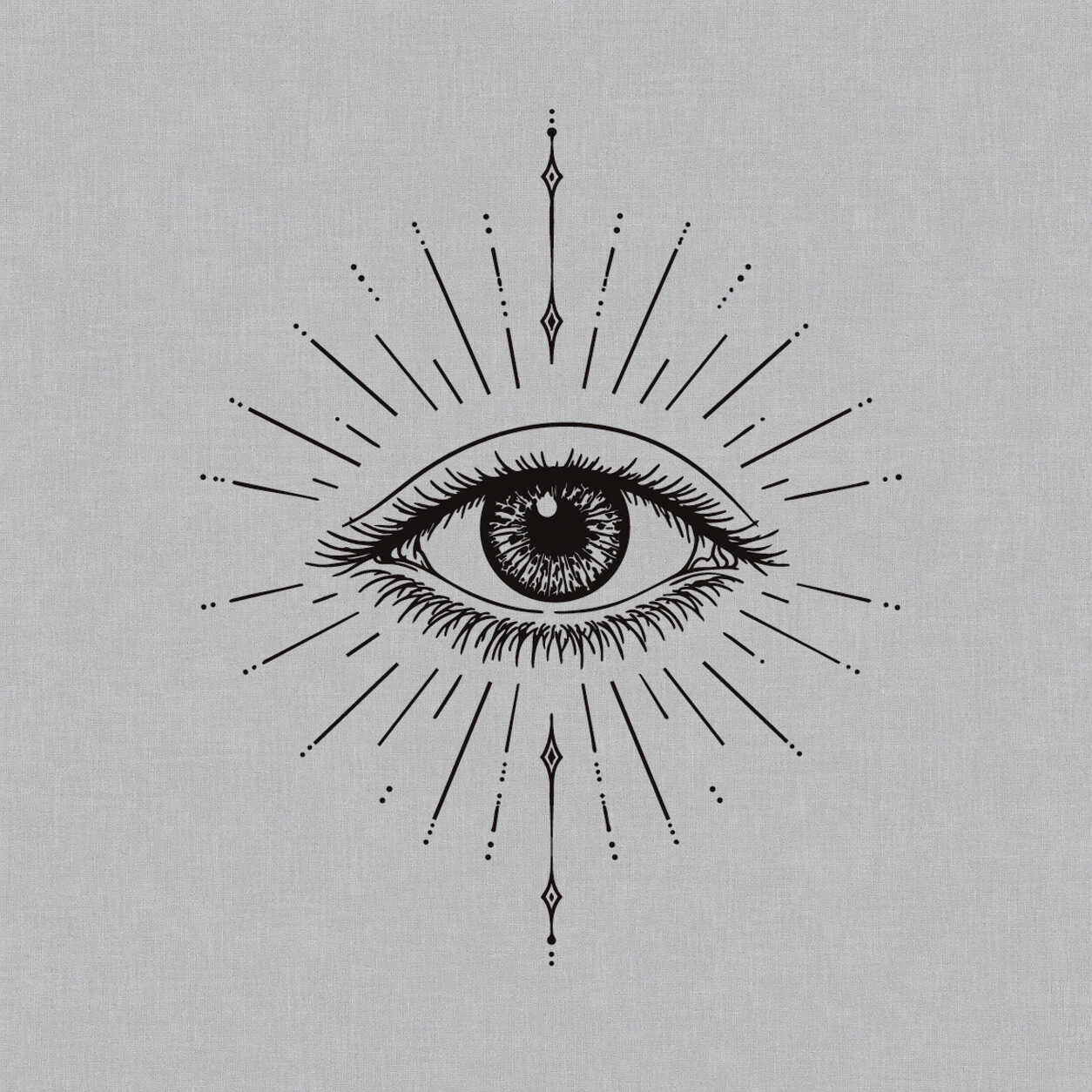 Fine line temporary tattoos design featuring a radiant mystical eye with sunburst rays and delicate ornamental details.