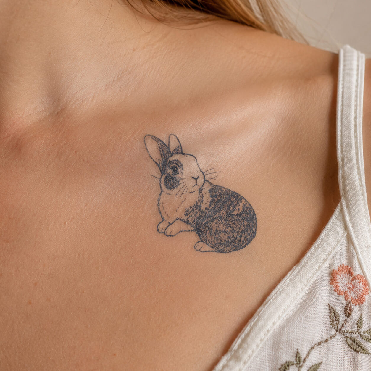 Detailed rabbit tattoo design featuring a realistic bunny illustration with fine line shading placed on the upper chest area. A delicate temporary tattoo inspired by woodland animals, nature, and soft minimalist artwork.