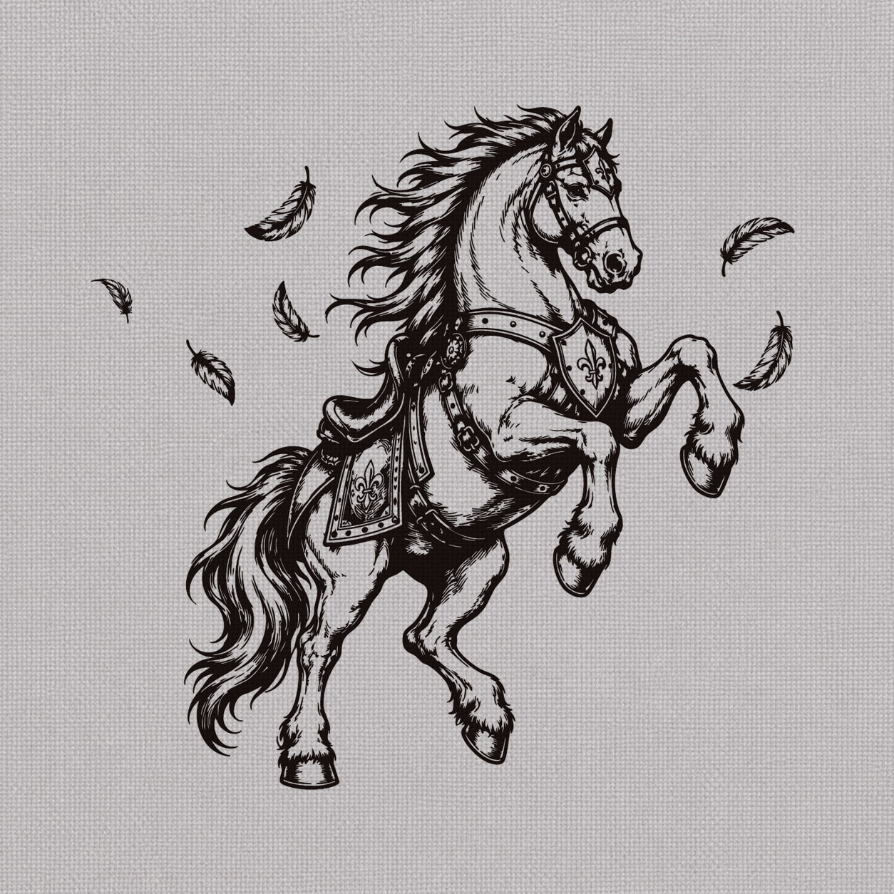 Temporary tattoo designs featuring a rearing armored horse with flowing mane, medieval armor, and feather details.