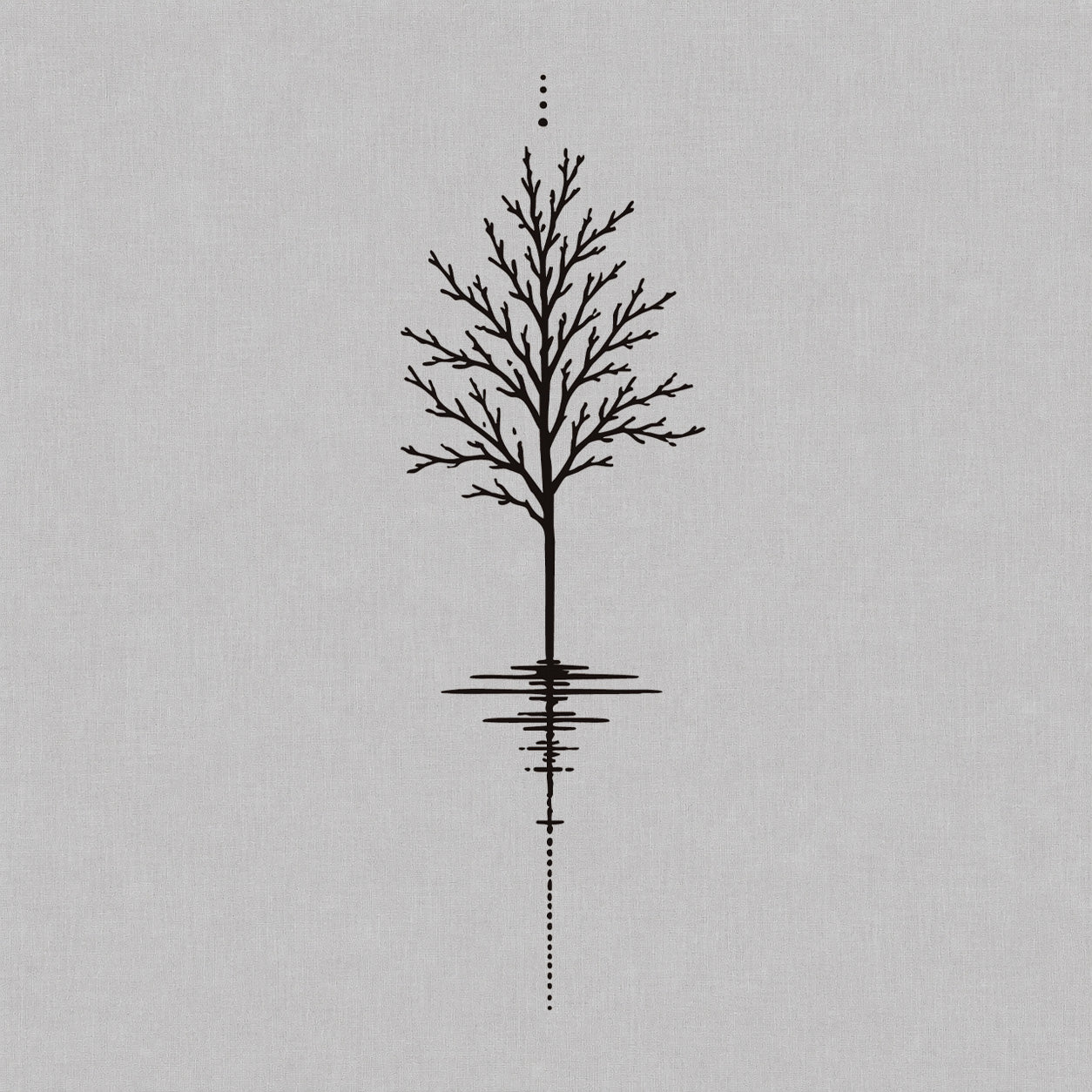 Fine line temporary tattoos design featuring a bare tree with water reflection, ripple lines, and dotted vertical details.
