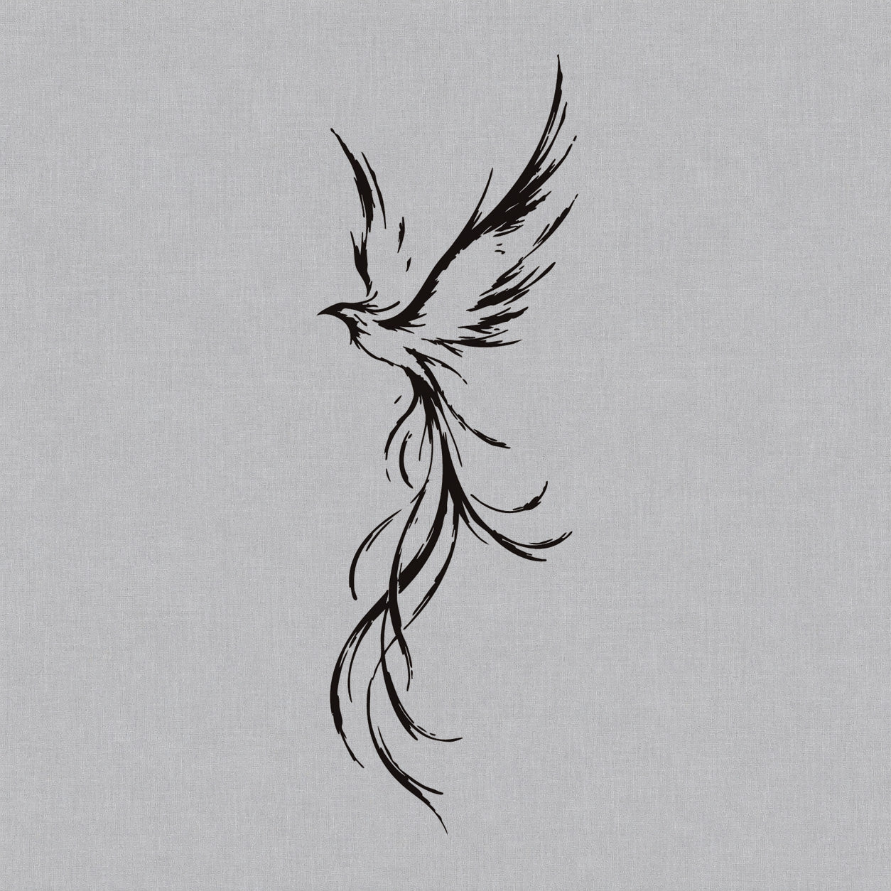 Fine line temporary tattoos design featuring a rising phoenix bird with flowing wings and long feathered tail.